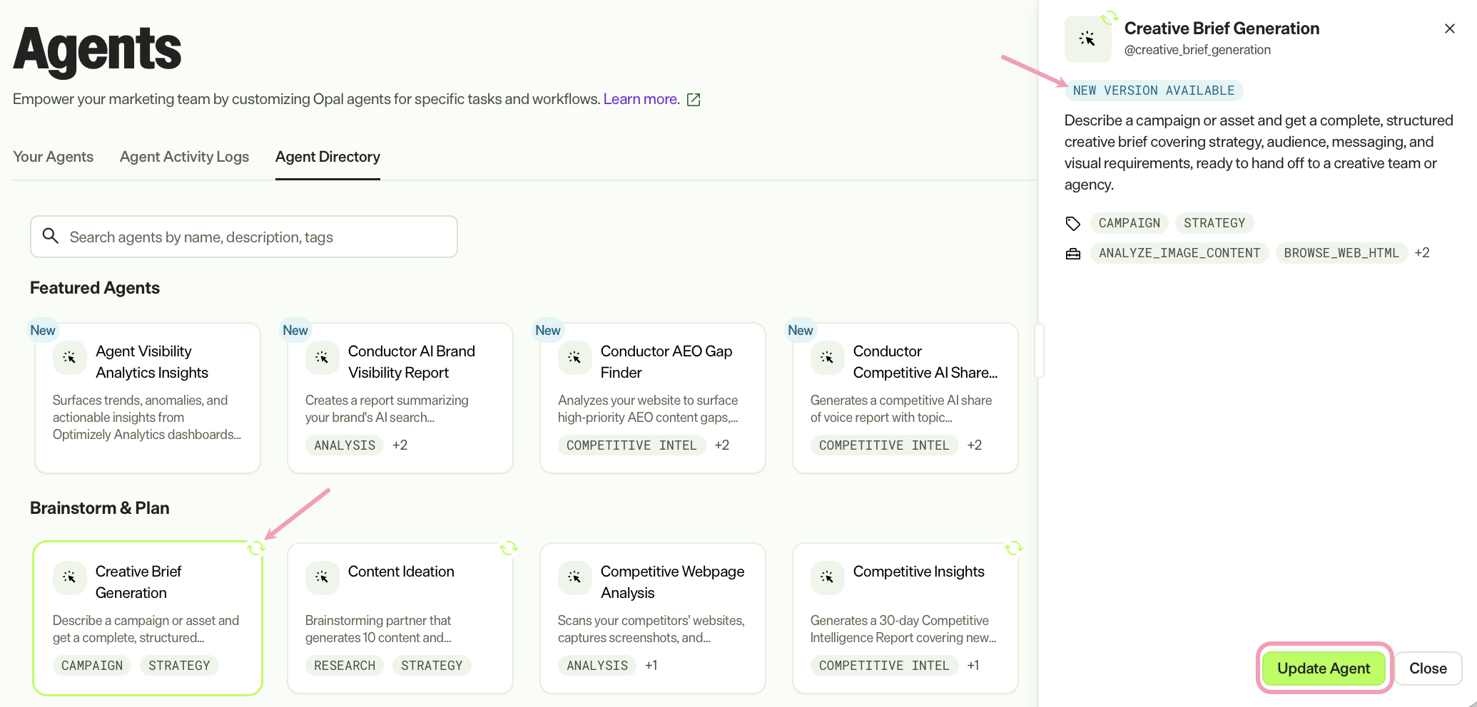 Screenshot of the Agent Directory tab with the new version available highlighted.