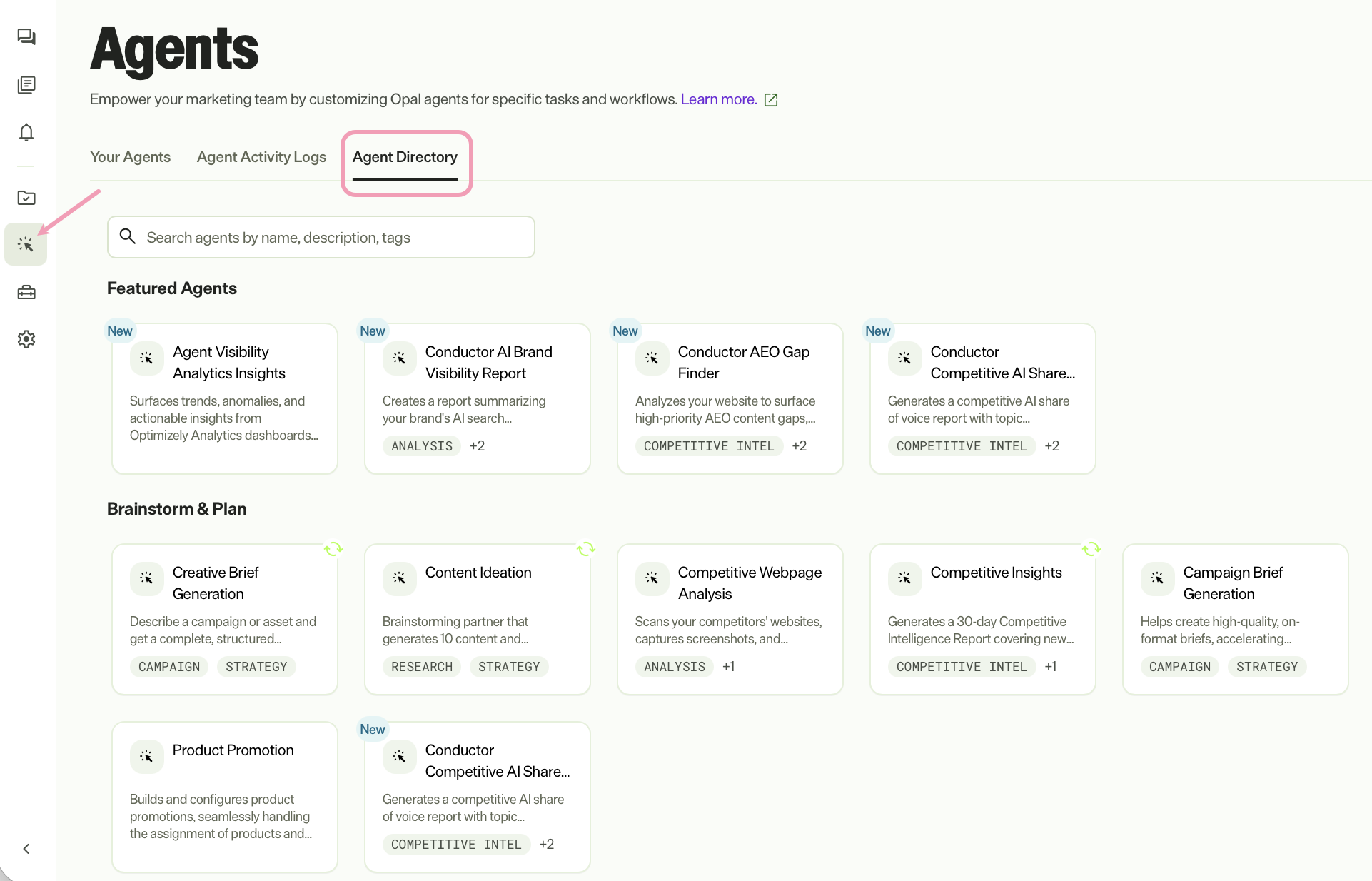 Screenshot of the Agents page with the Agent Directory tab highlighted.