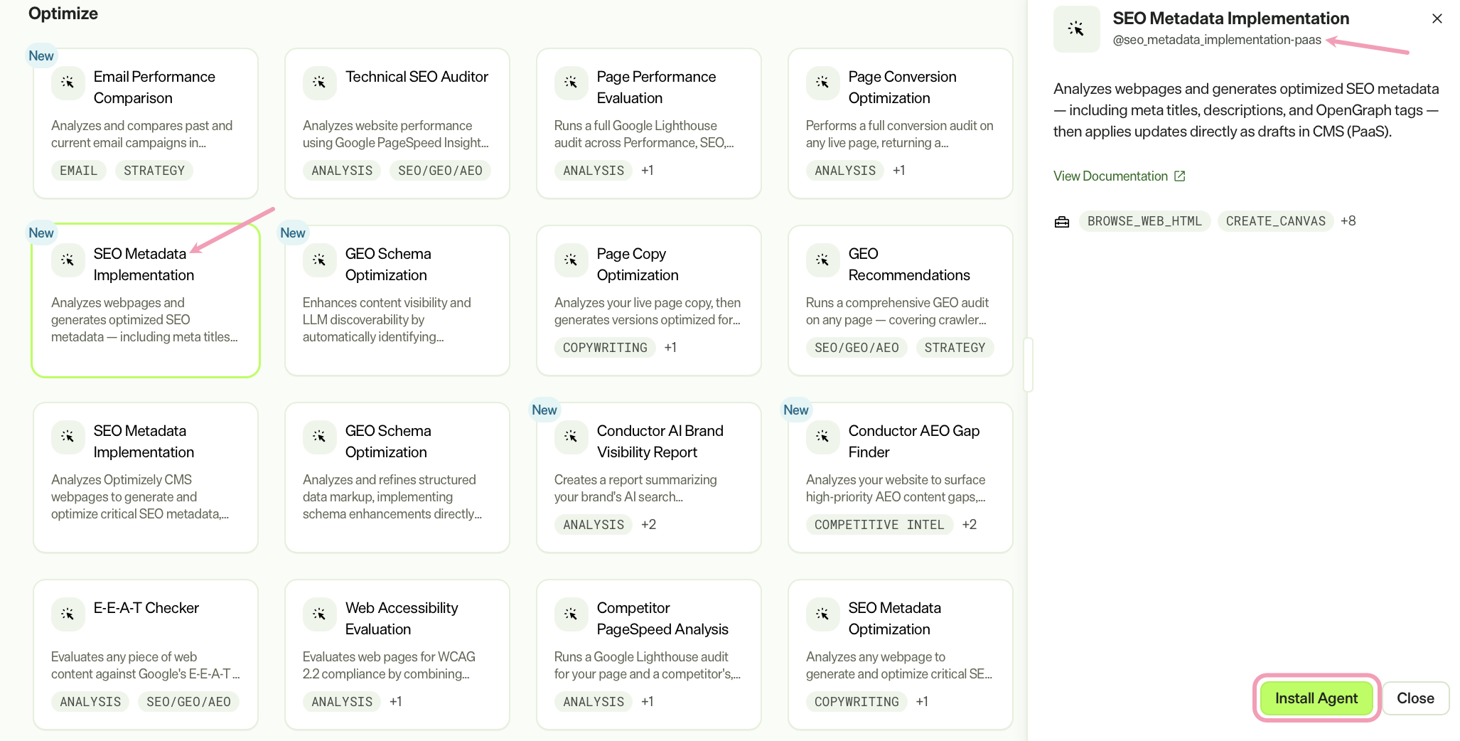 Screenshot of the Agent Directory with the SEO Metadata Implementation agent selected and Install Agent highlighted.