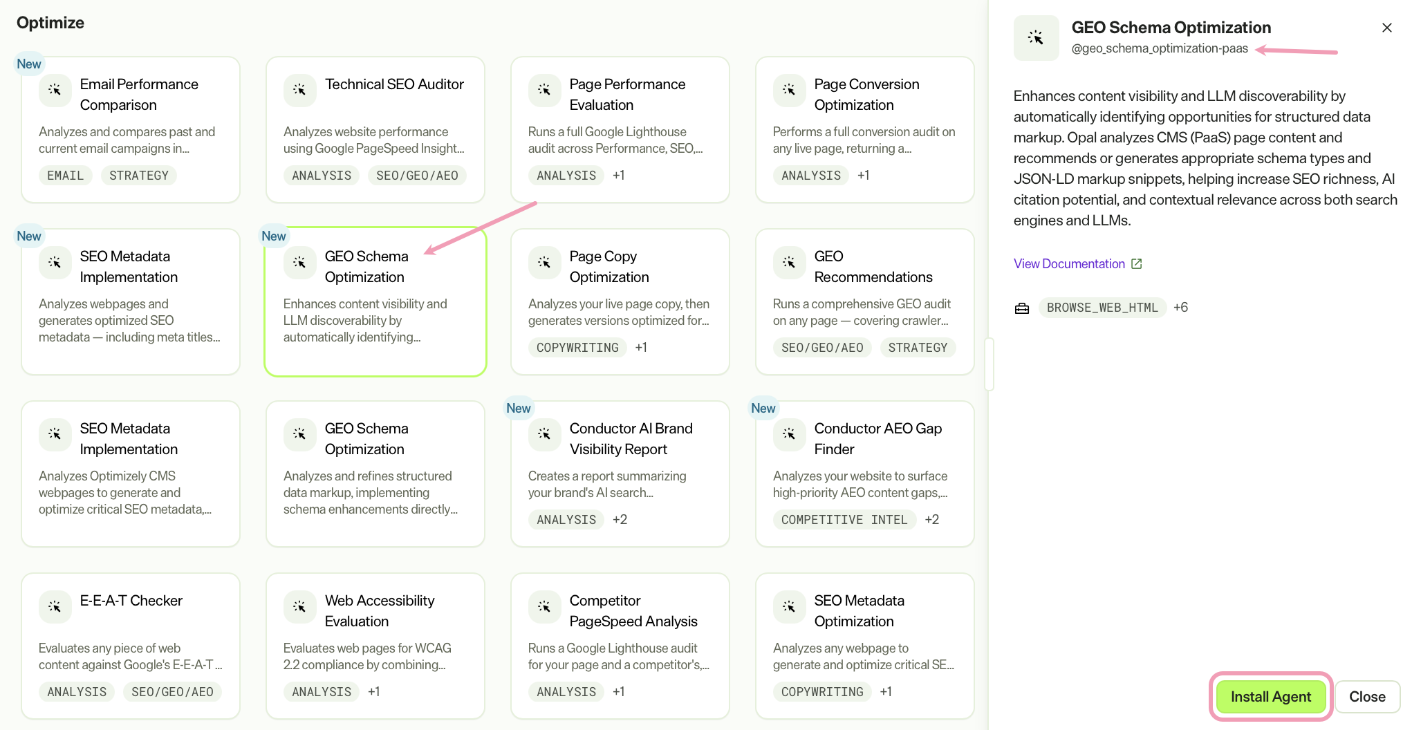 screenshot of the GEO Schema Optimization entry in the Opal Agent Directory where Install Agent is highlighted