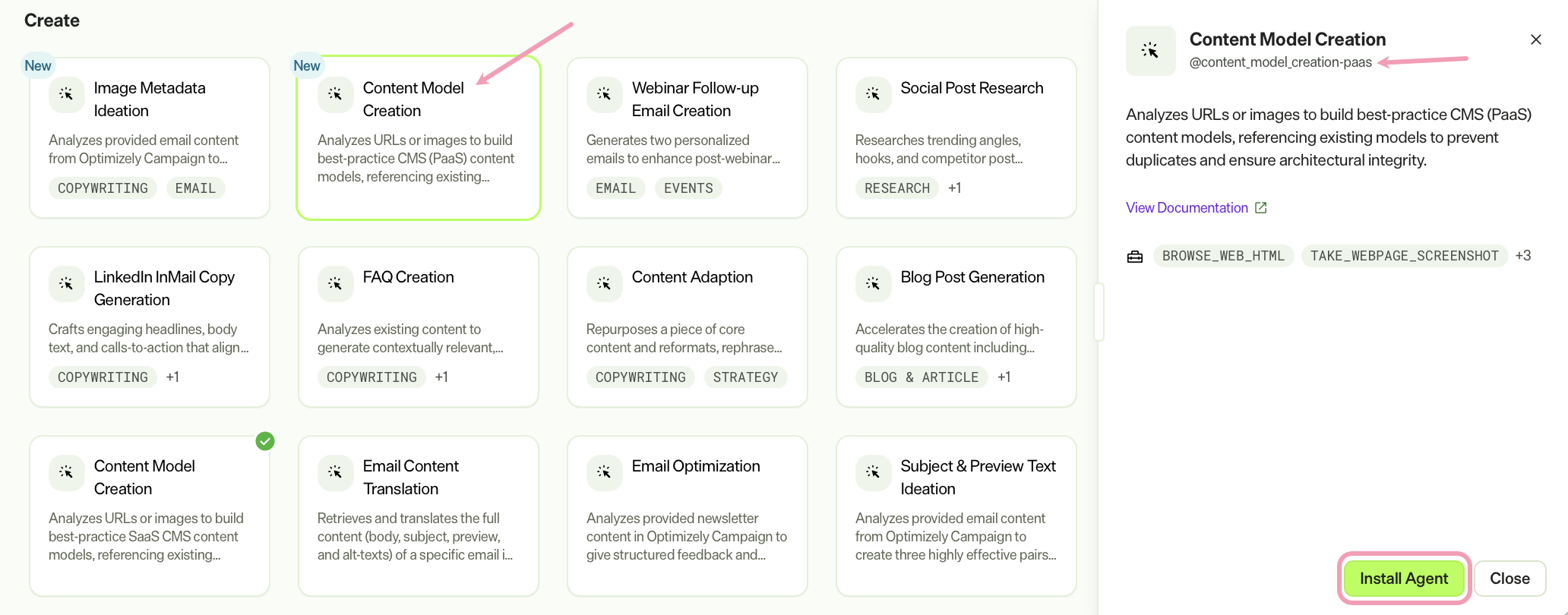 Screenshot of the Agent Directory with Content Model Creation agent selected and Install Agent highlighted.