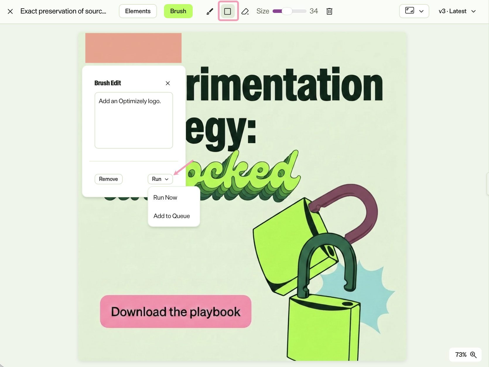Screenshot of the image editor in Brush mode where a rectangle selection covers part of the image.
