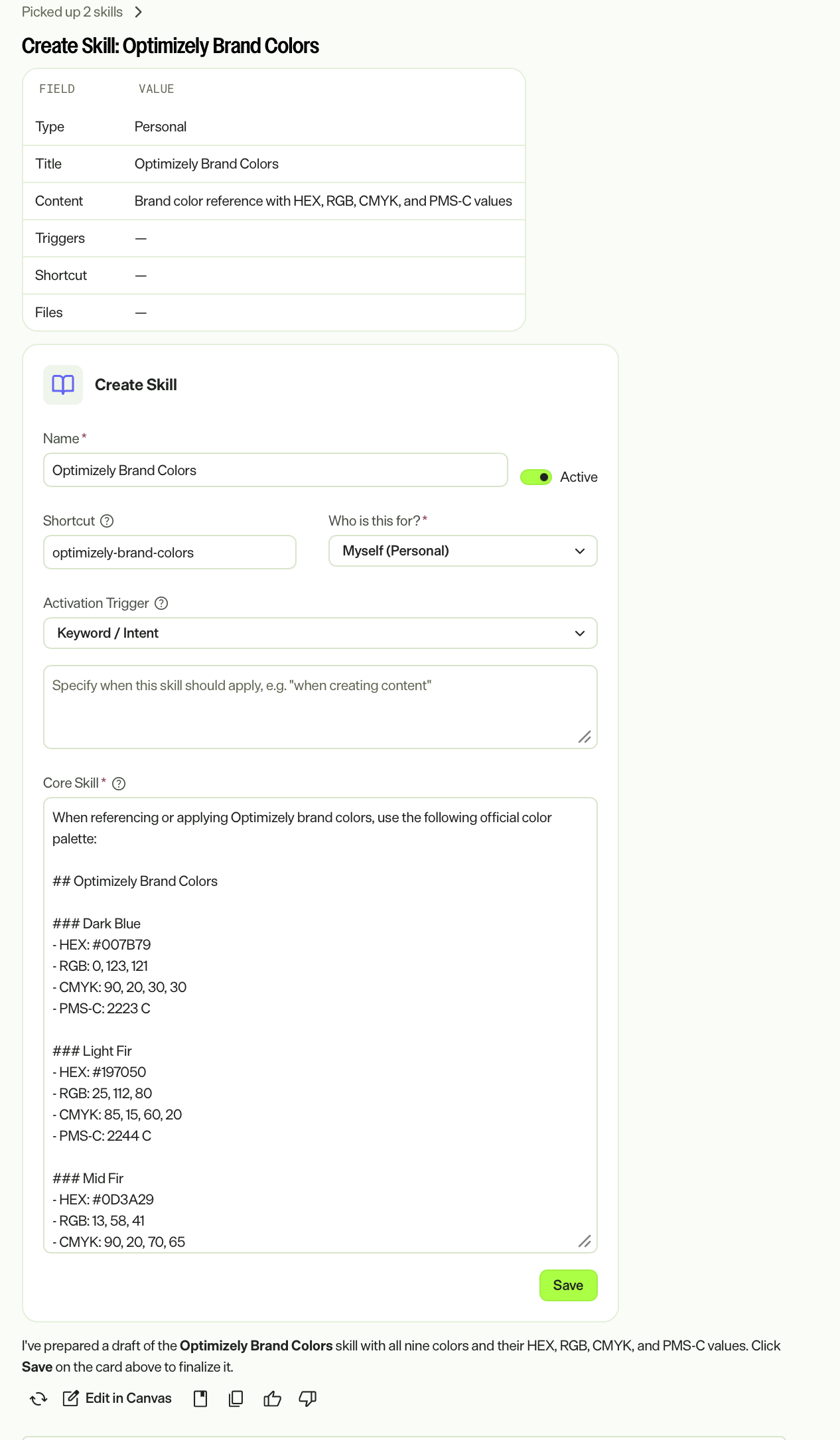 creenshot of Opal Chat where the Create Skill action card displays the skill details.