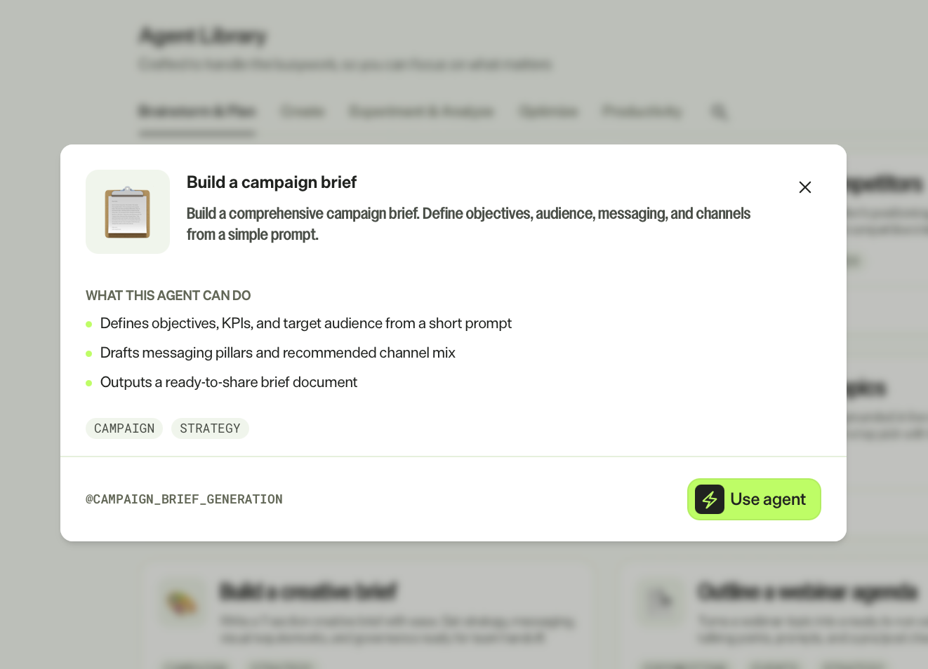 screenshot of the campaign brief generation agent details where the What this agent can do capabilities, tags, and Use agent display.