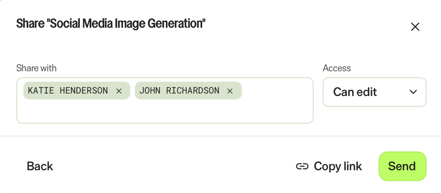 Screenshot of the Share dialog Share with field with a name entered and two names selected.