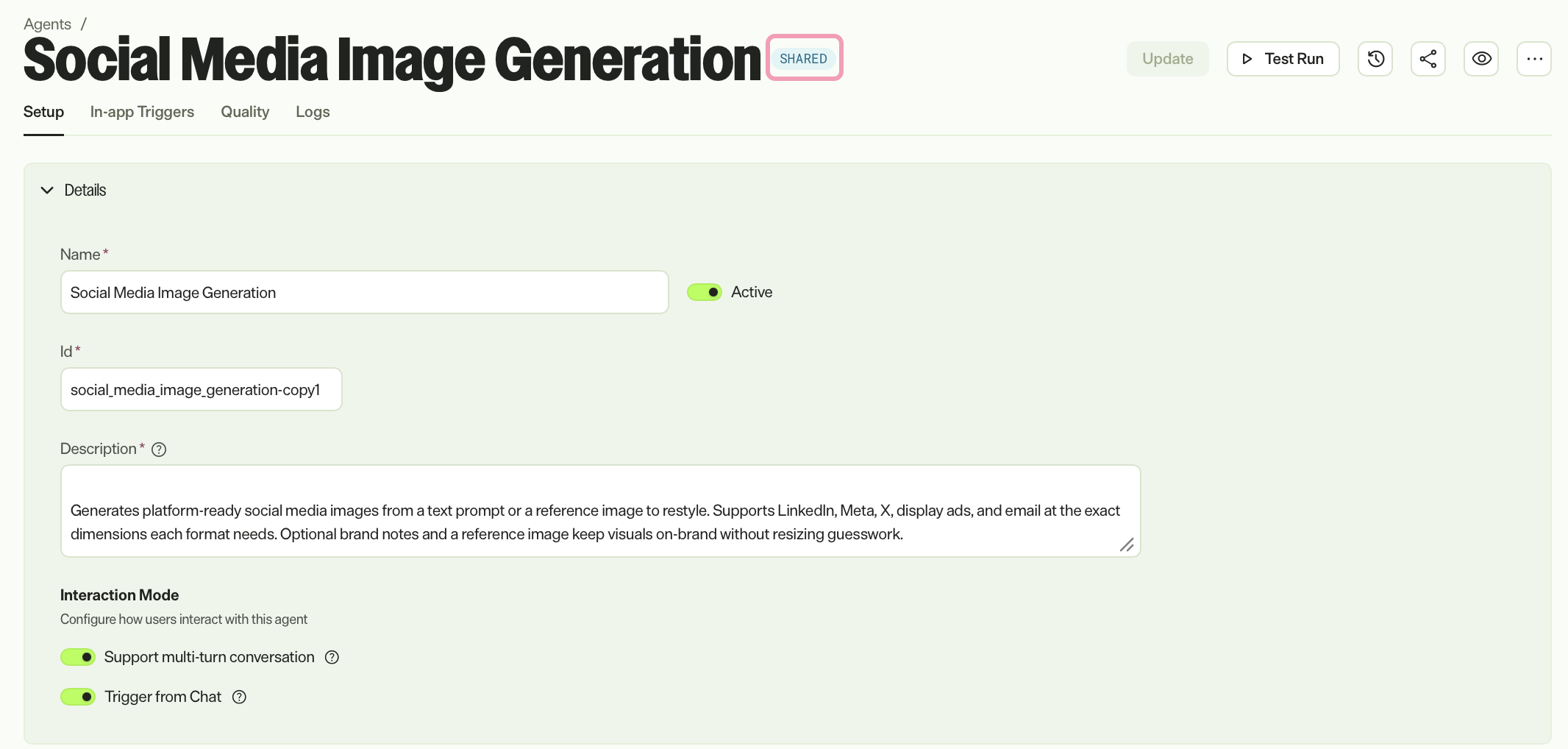 Agent details header a agent where the Shared visibility badge is highlighted.