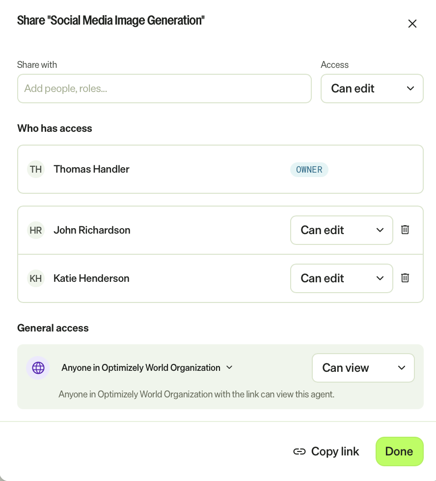 Screenshot of the Share dialog showing the Access granted message and the added people under Who has access.