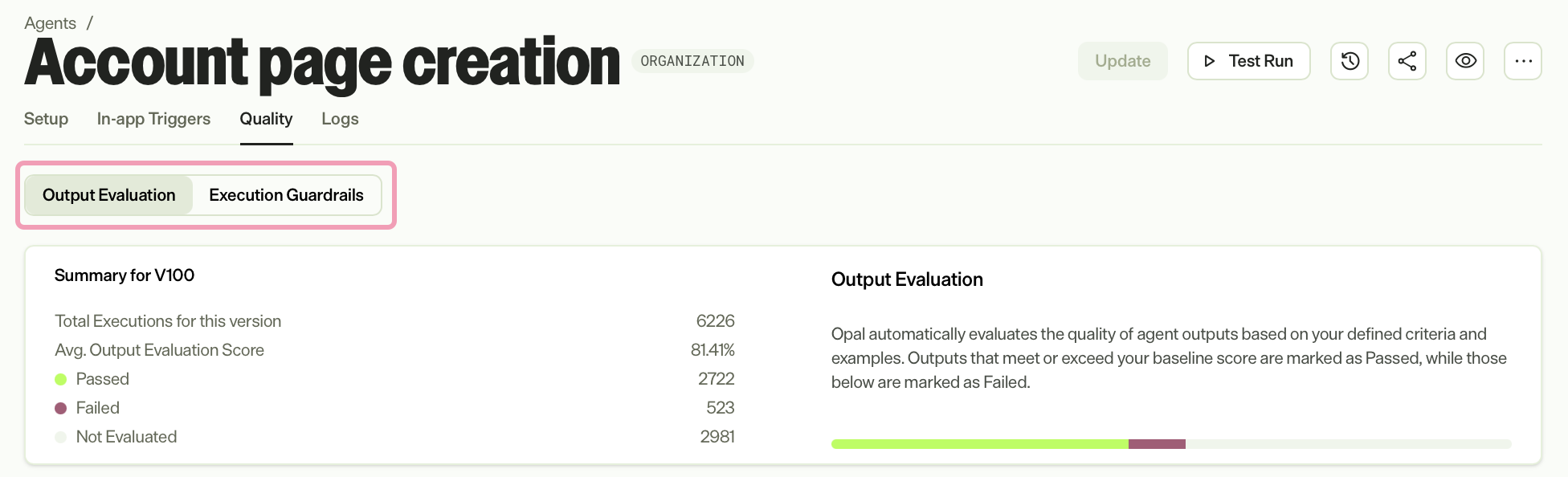 Screenshot of a specialized agent on the Quality tab with the Output Evaluation and Execution Guardrail highlighted.