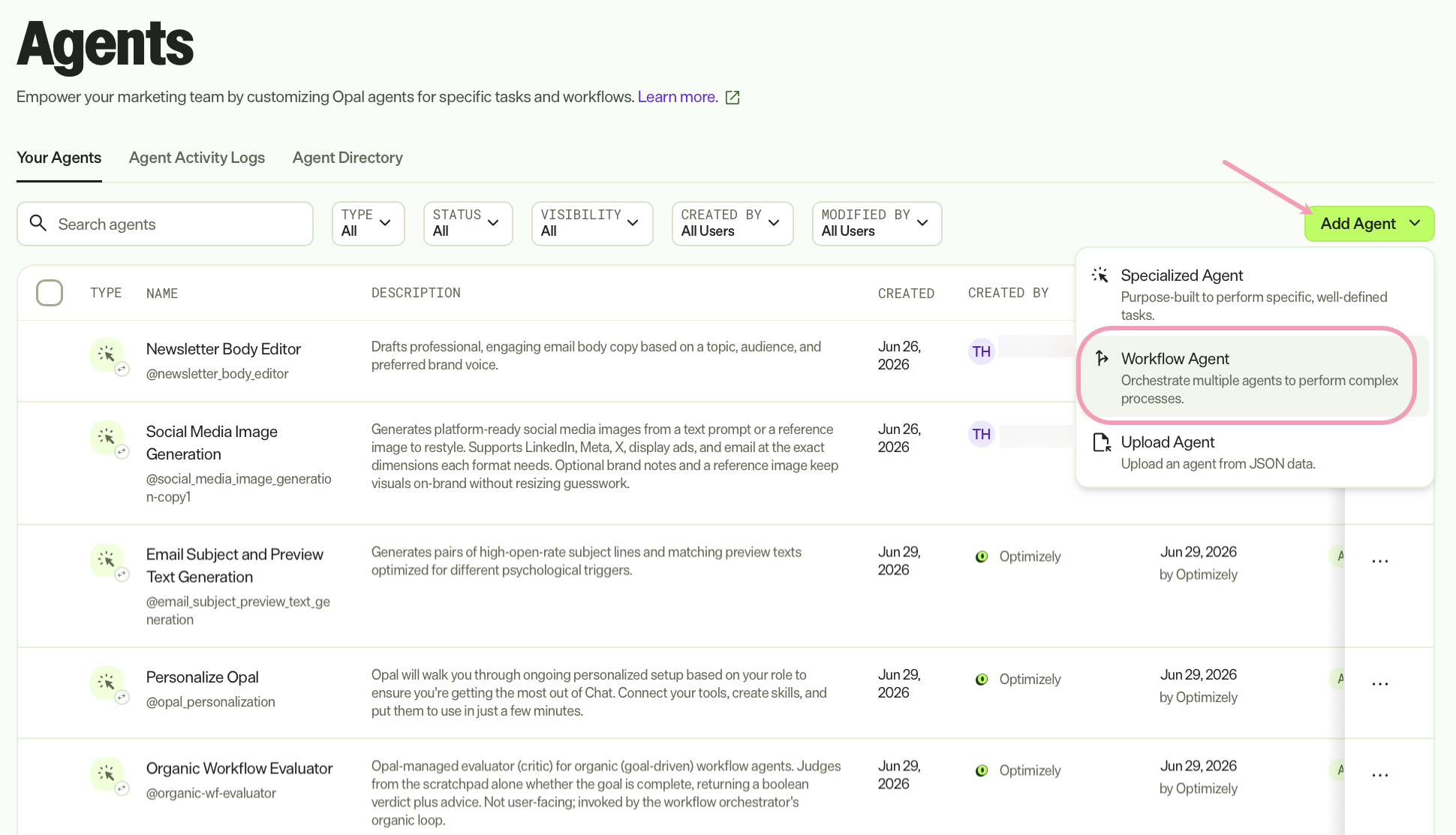 Screenshot of the Add Agent menu in Opal showing the Workflow Agent option