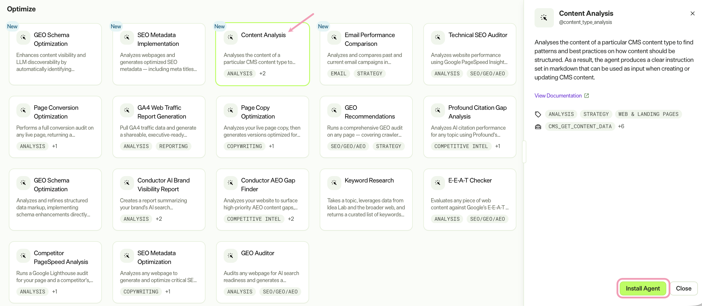 Screenshot of the Agent Directory with the Content Analysis agent selected and Install agent highlighted.