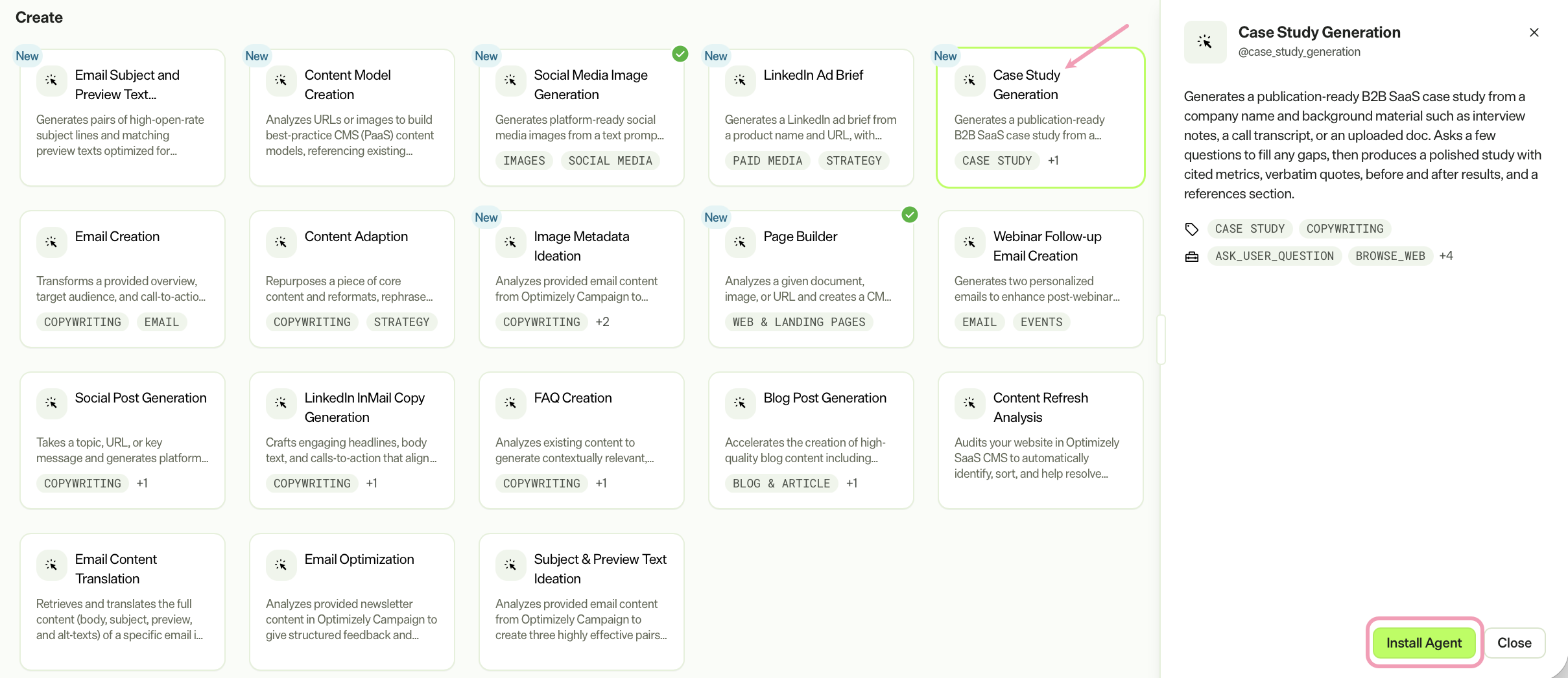 Screenshot of the Agent Directory with the Case Study Generation agent selected and Install Agent highlighted