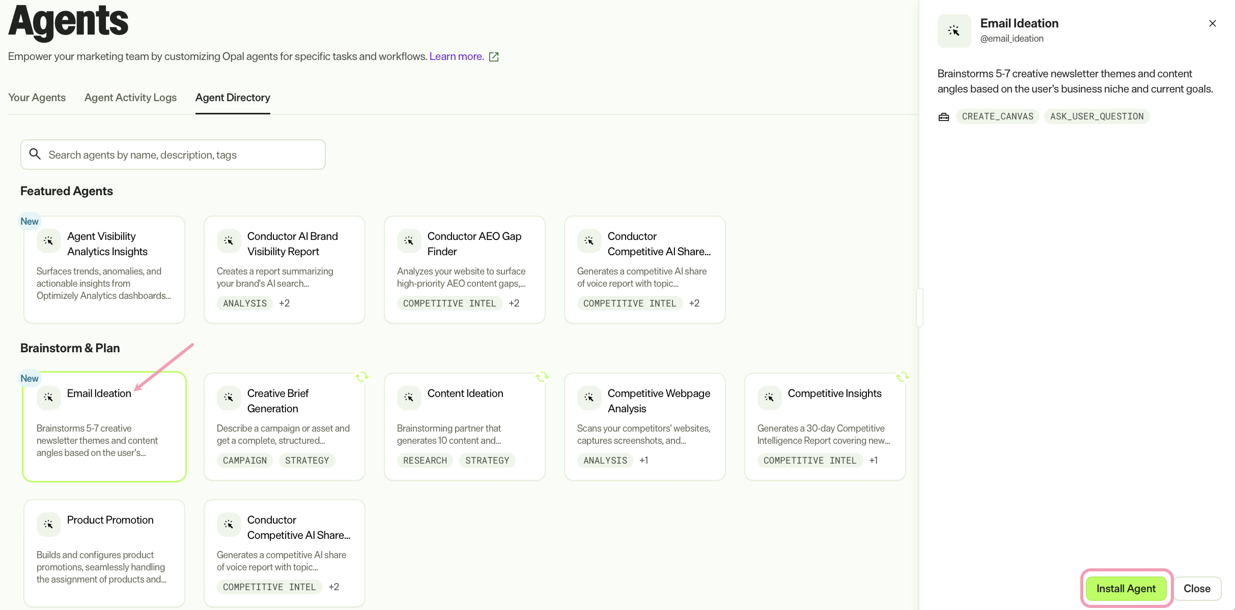 Screenshot of the Agent Directory with the Email Ideation agent selected and install agent highlighted.