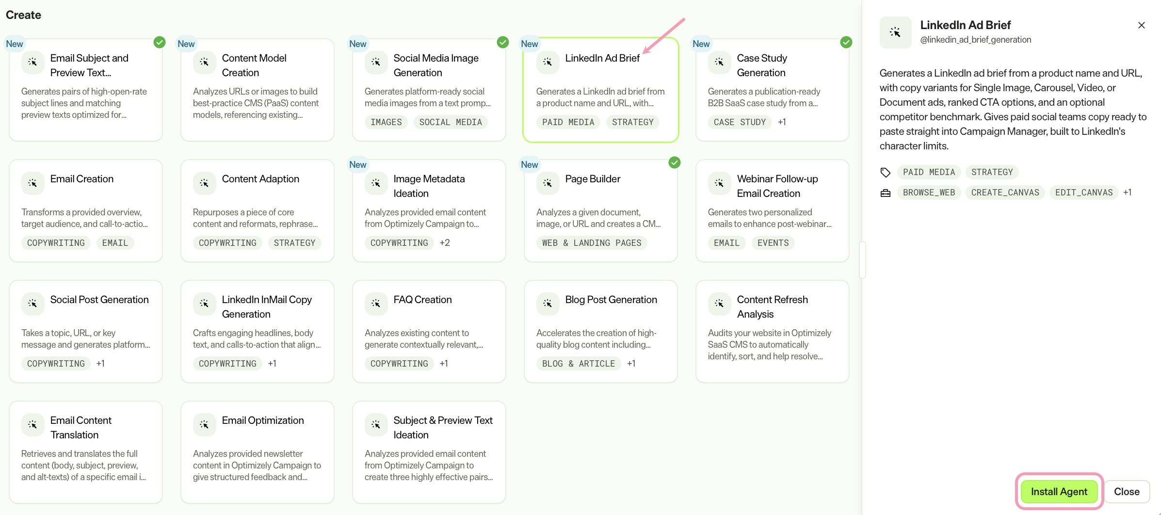 Screenshot of the Agent Directory with the LinkedIn Ad Brief agent selected and install agent highlighted.