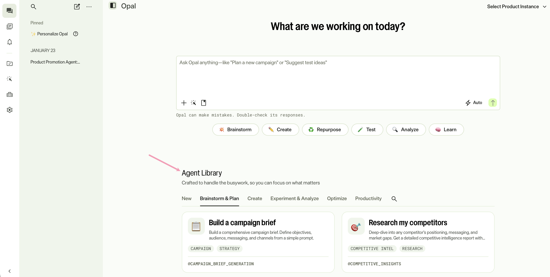 Screenshot of Opal Chat with the Agent Library highlighted