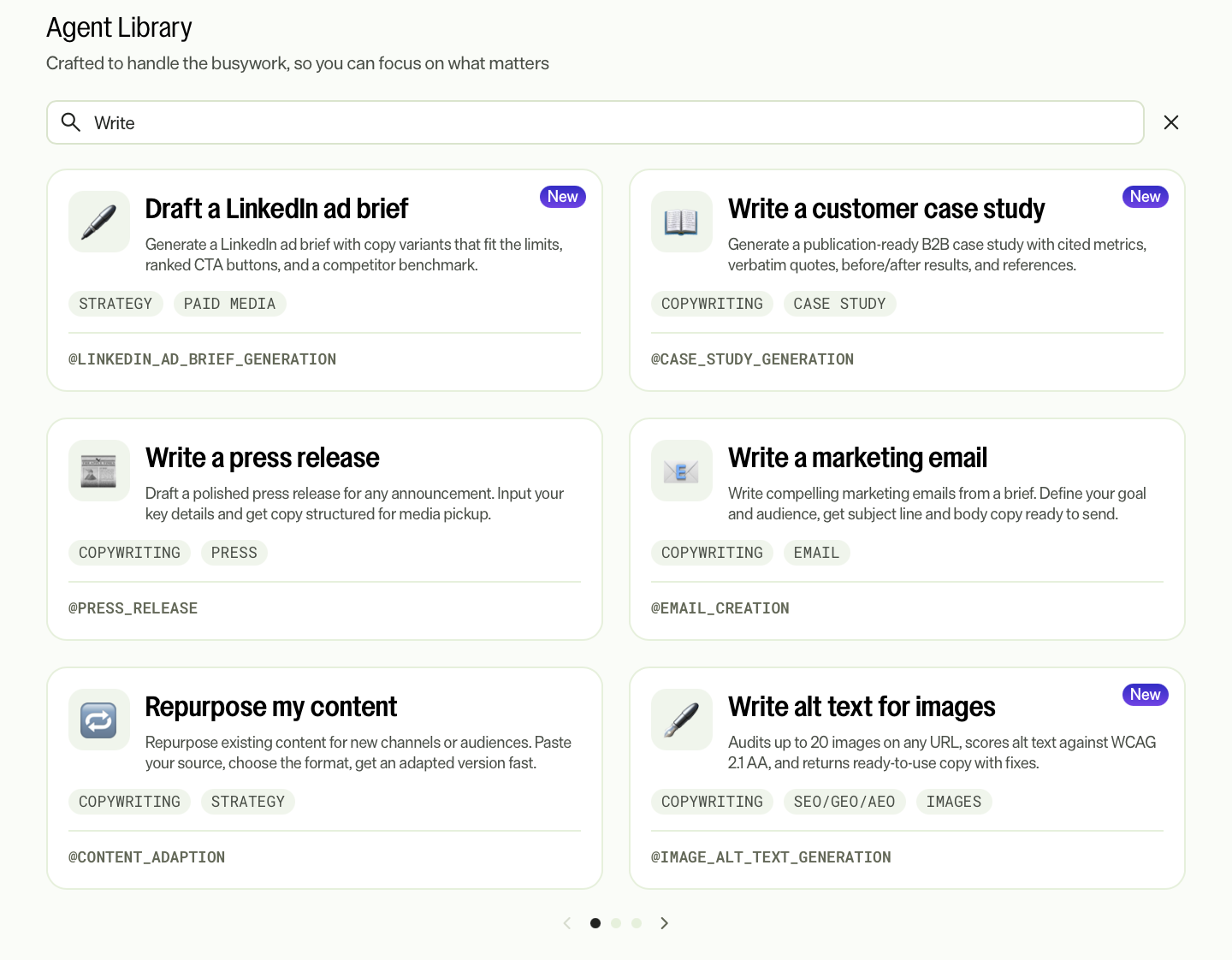 screenshot of the Agent Library where the search field is expanded