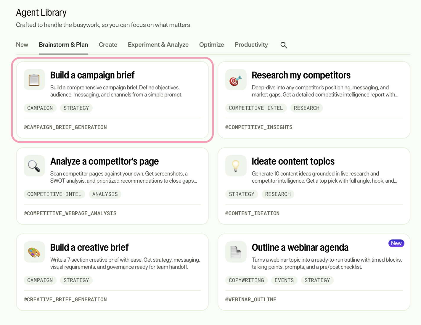 screenshot of the Build a campaign brief agent card where the title, description, tags, and @campaign_brief_generation handle display.