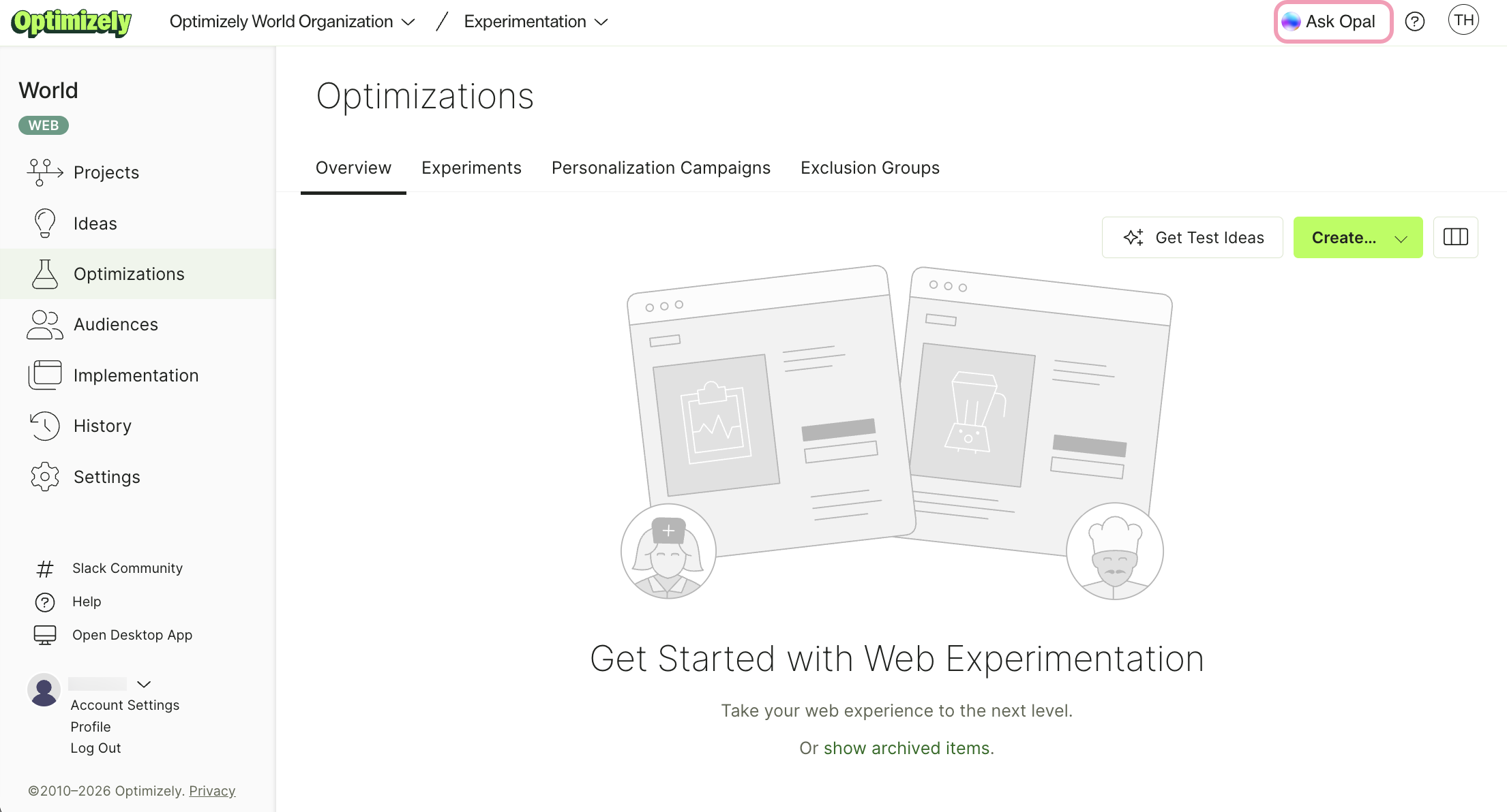 Screenshot of Optimizely Web with Ask Opal highlighted in the global navigation bar