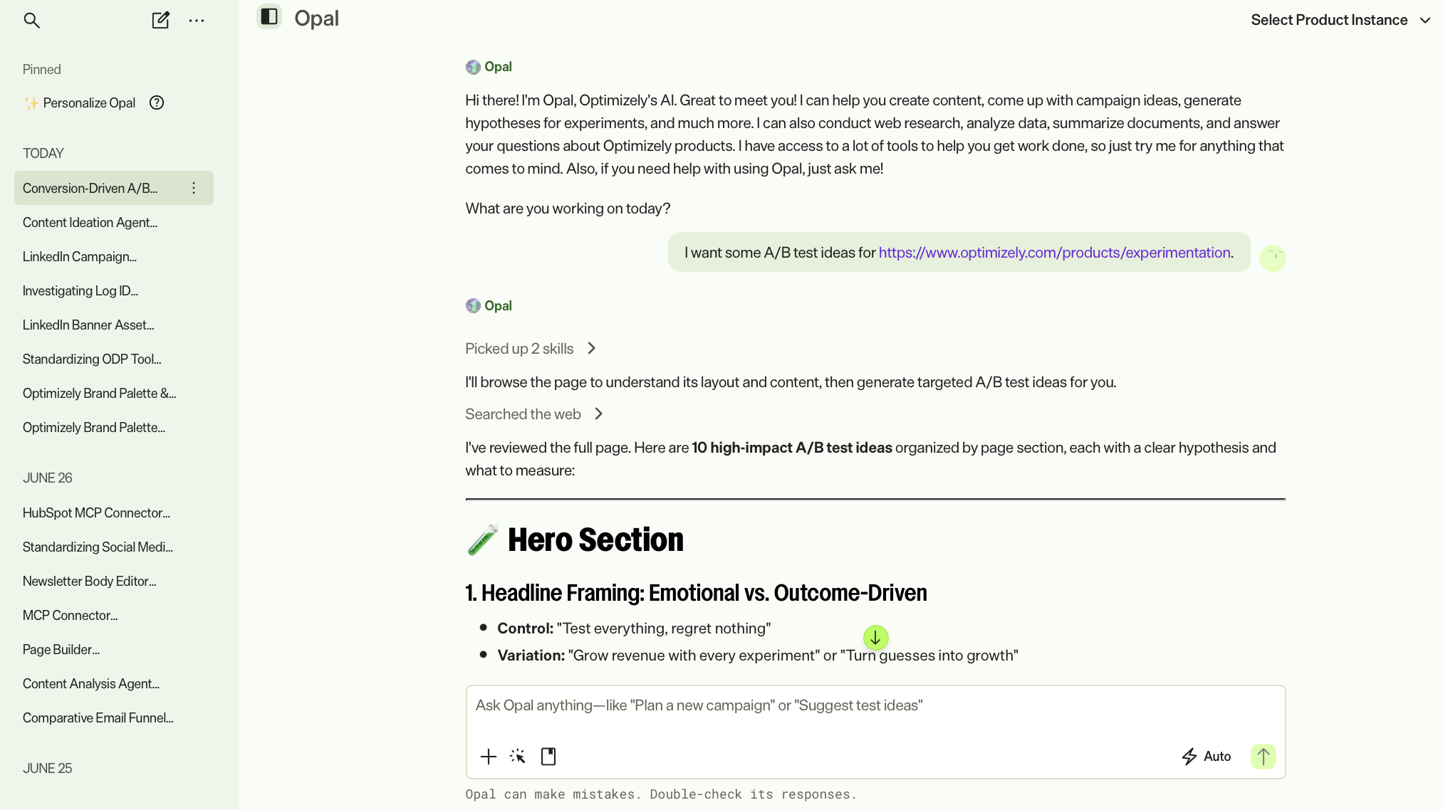 Screenshot of Opal Chat with a request from the user and a response from Opal.