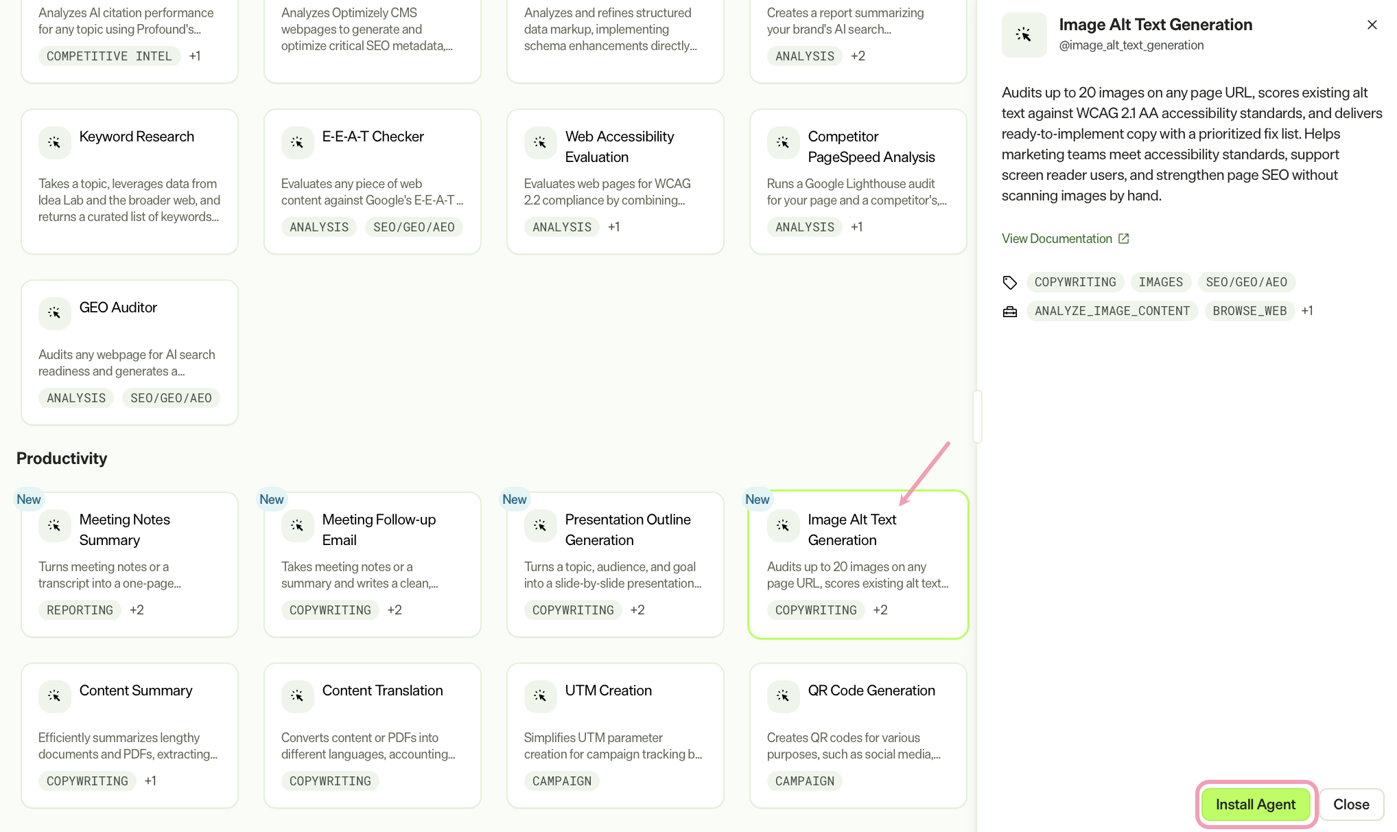 Screenshot of Agent Directory with Image Alt Text Generation selected and Install Agent highlighted