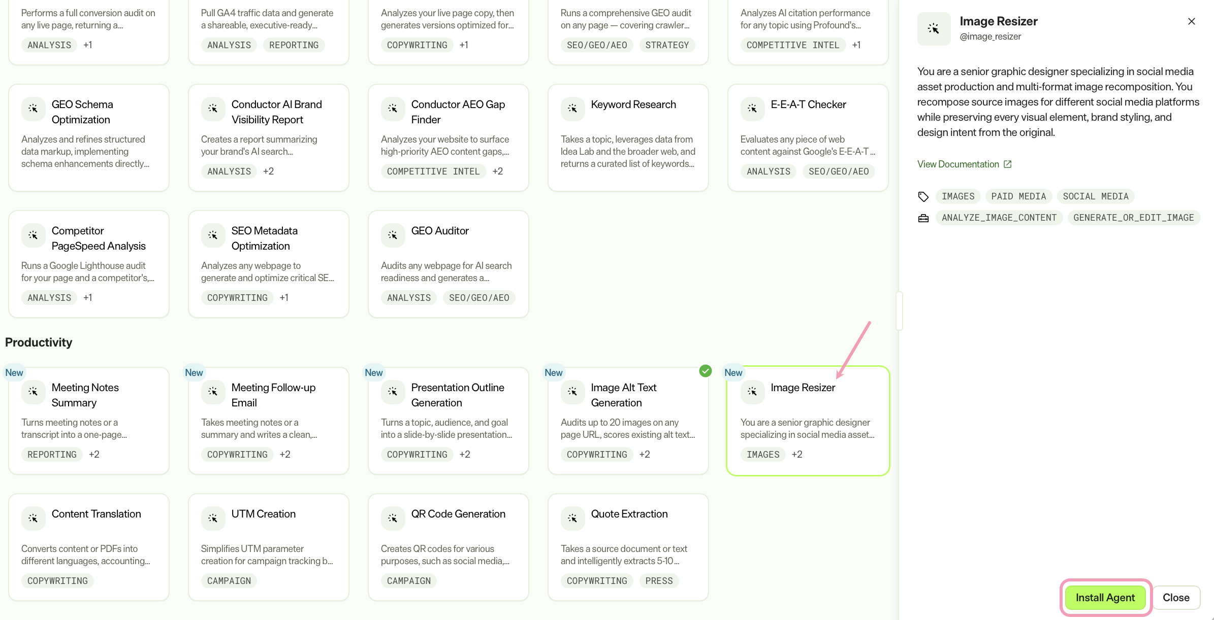 Screenshot of the Agent Directory with Image Resizer selected and Install Agent highlighted.