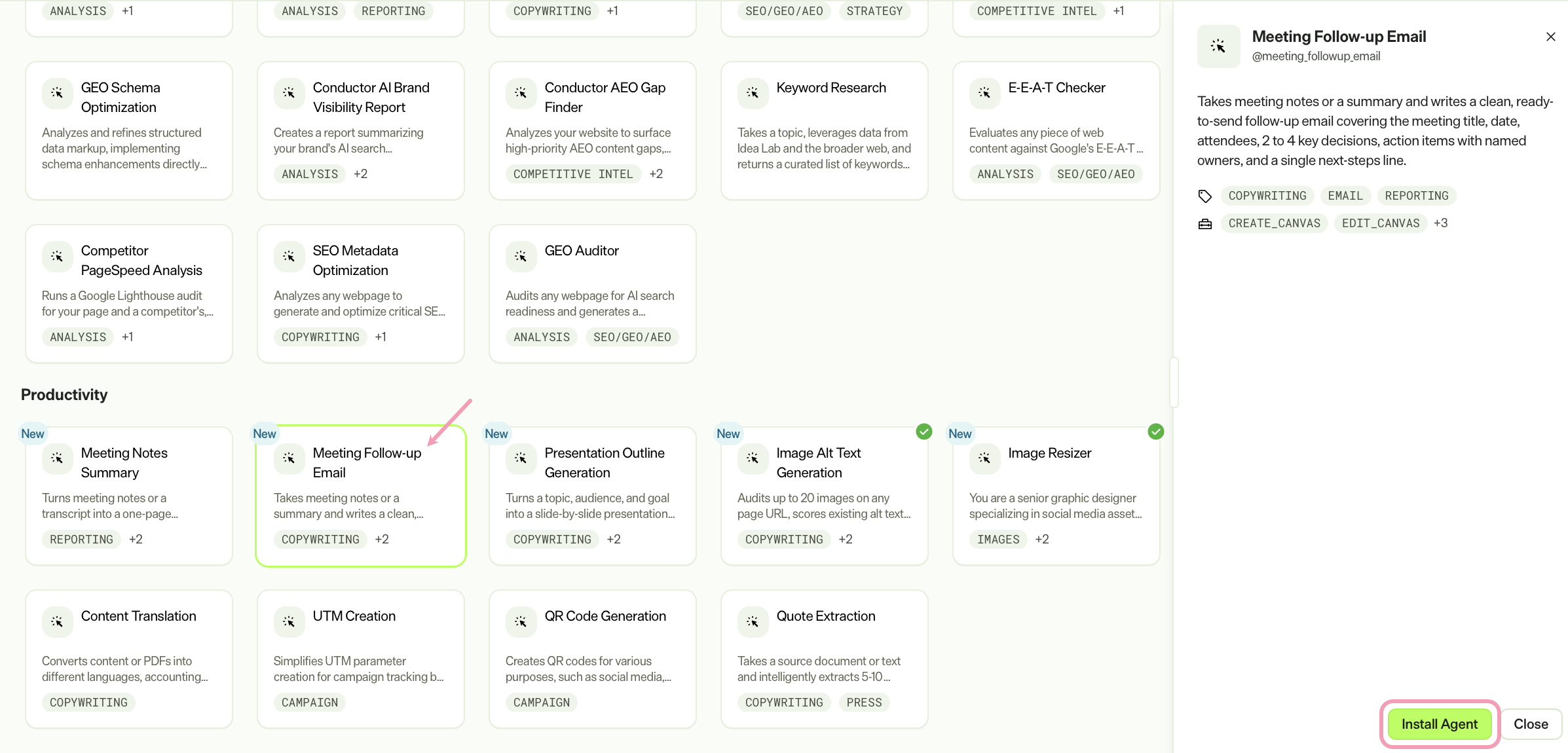 Screenshot of the Agent Directory with the Meeting Follow-up Email agent selected with Install Agent highlighted.