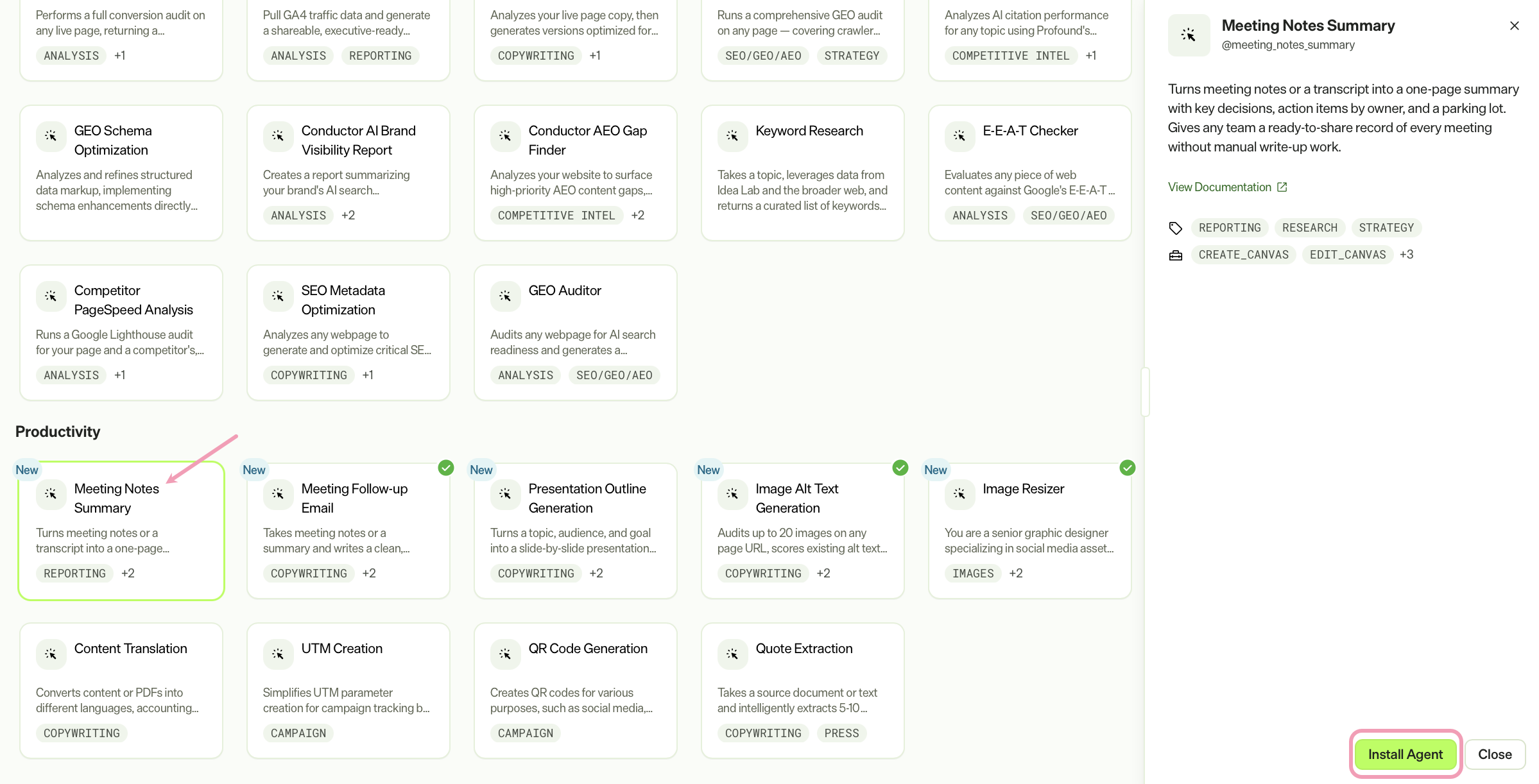Screenshot of the Agent Directory with the Meeting Notes Summary agent with the Install Agent highlighted.