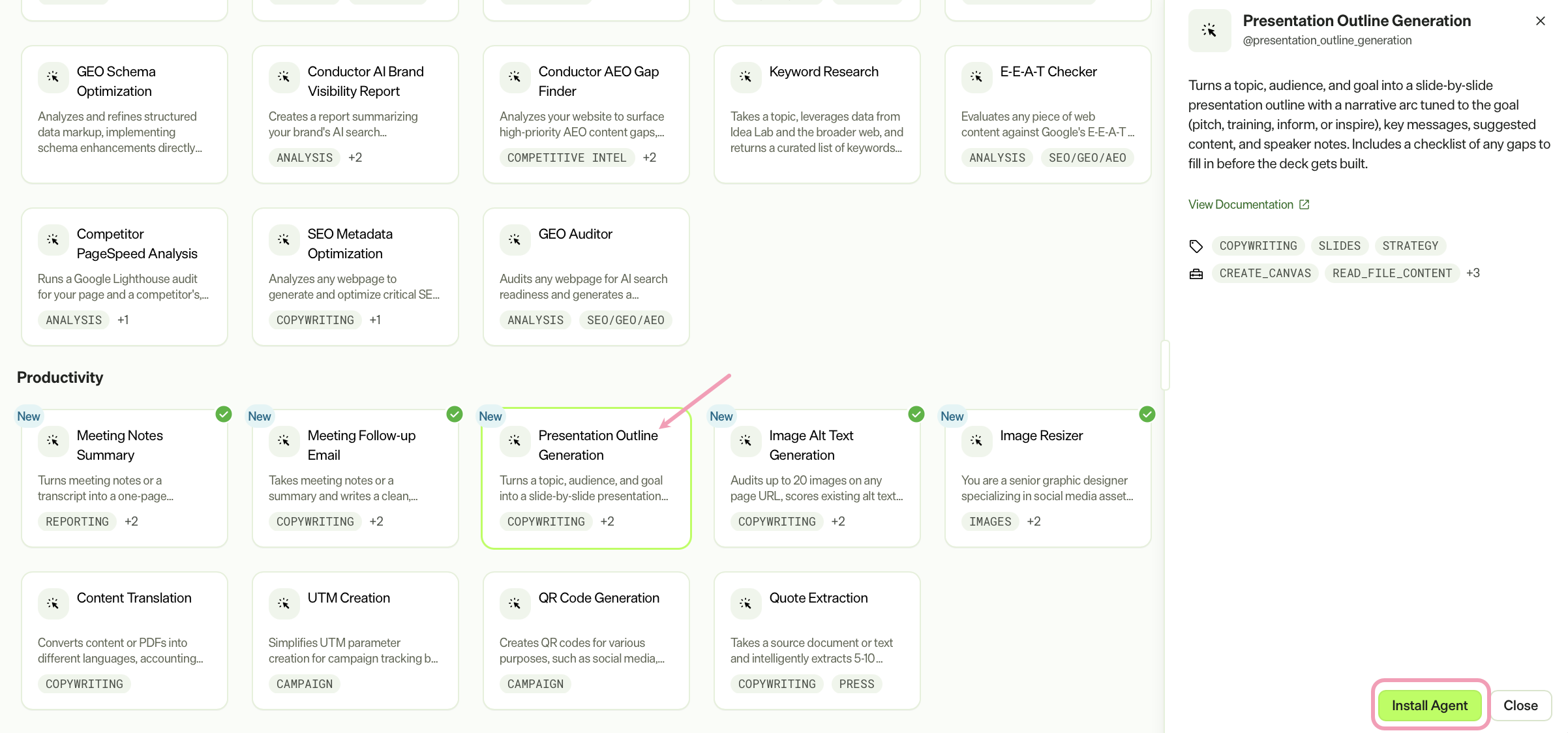Screenshot of the Agent Directory with the Presentation Outline Generation agent selected and Install Agent highlighted.
