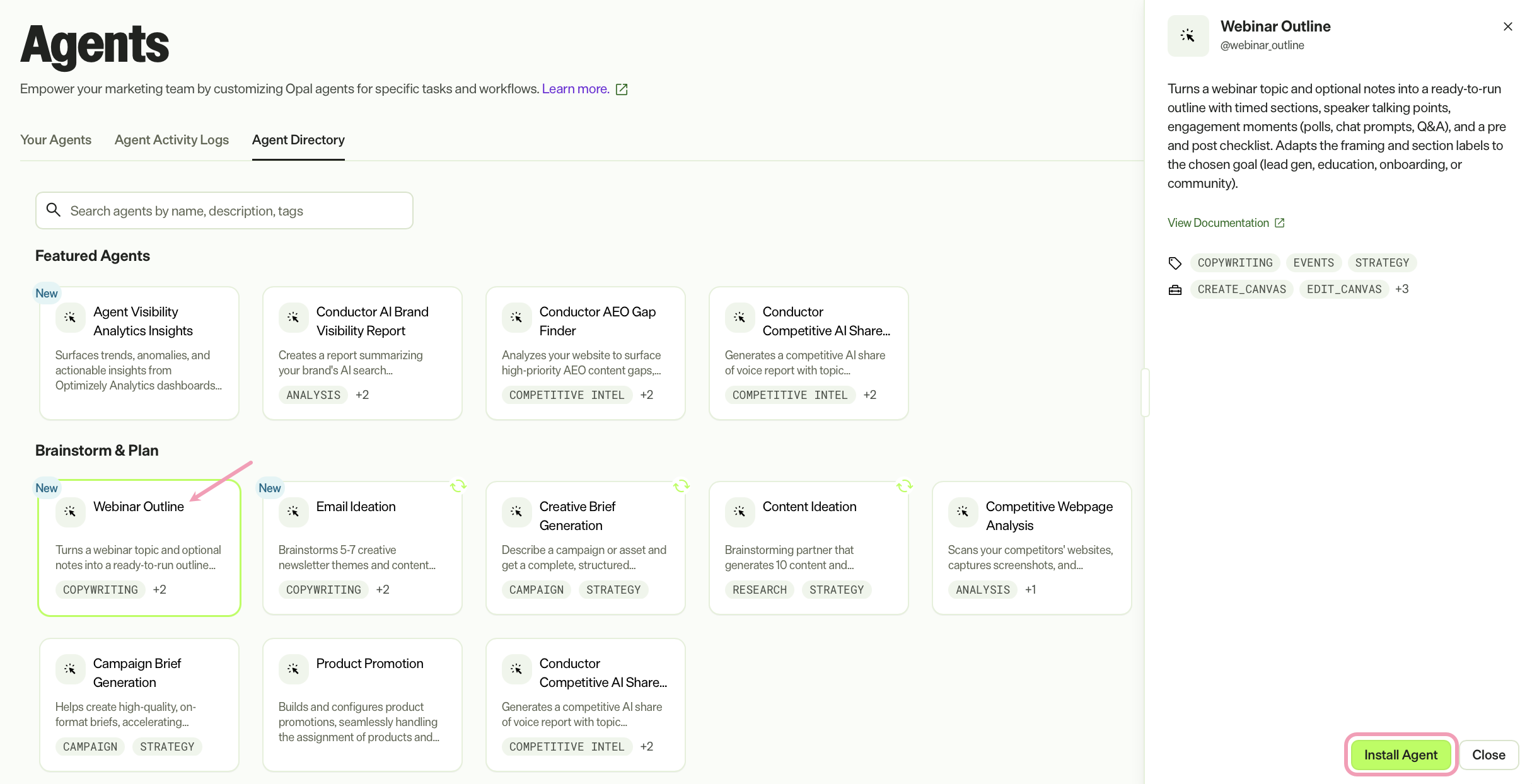 Screenshot of the Agent Directory with the Webinar Outline agent selected and Install Agent highlighted.