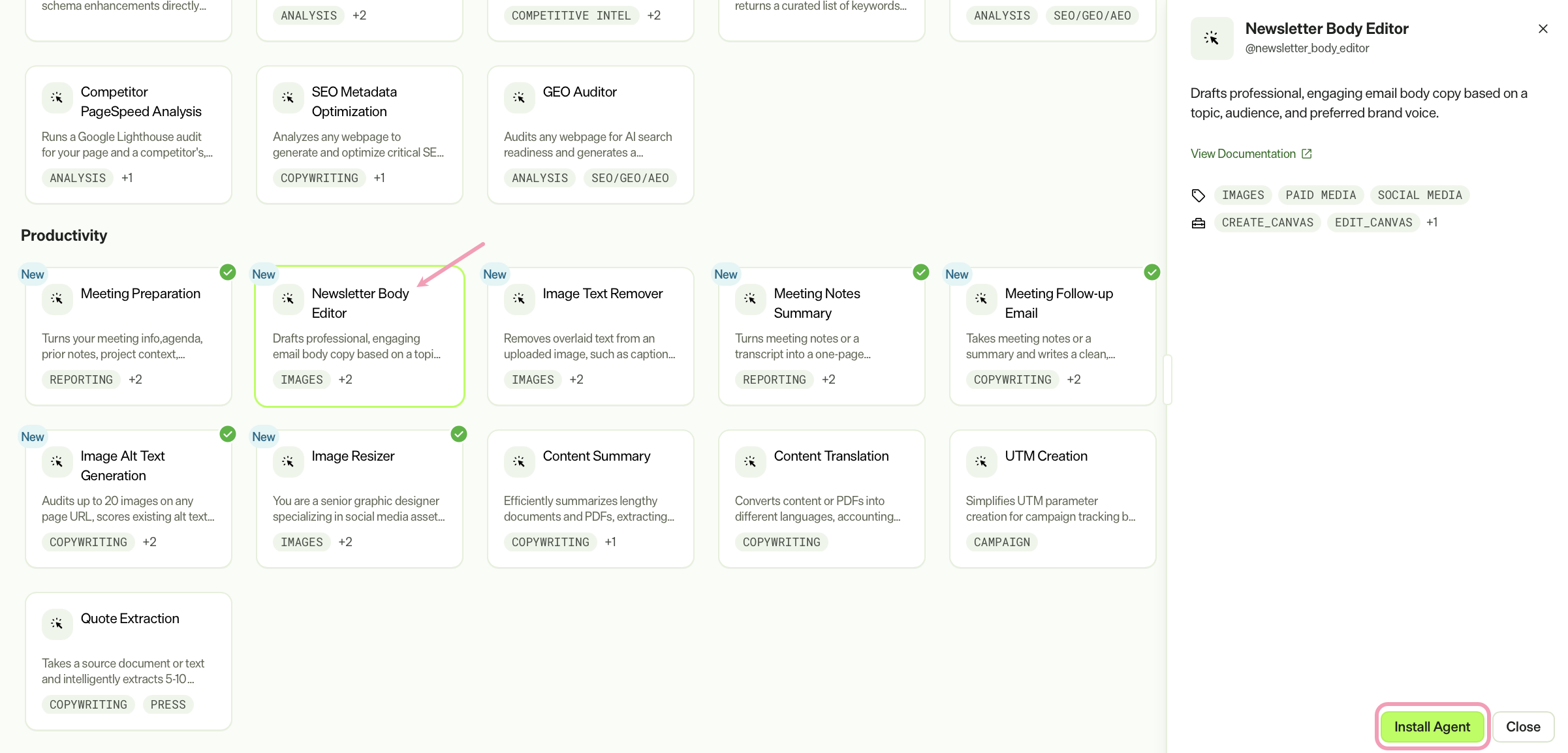 Screenshot of the Agent Directory with the Newsletter Body Editor agent selected and Install Agent highlighted.