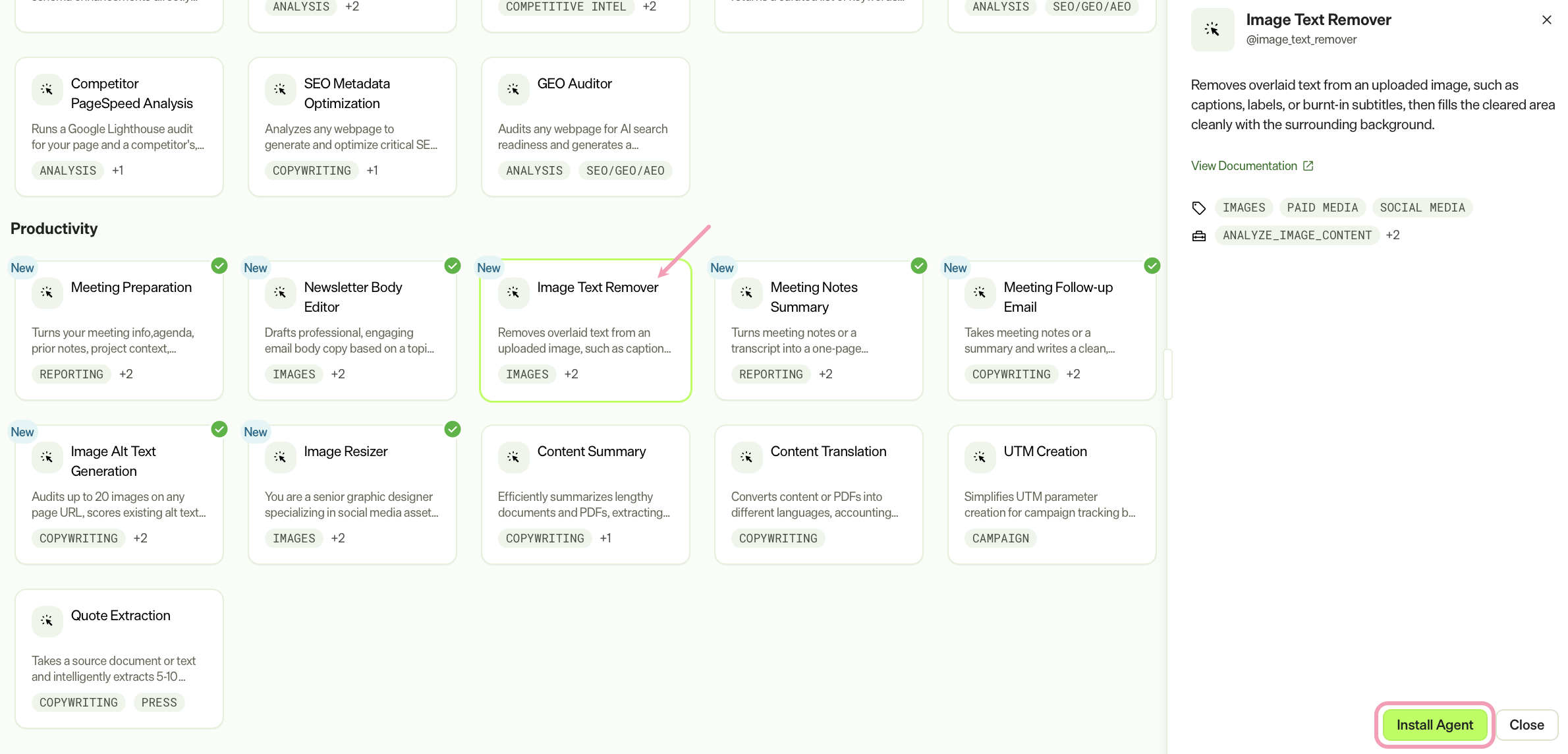 Screenshot of the Agent Directory with the Image Text Remover agent selected and Install agent highlighted.