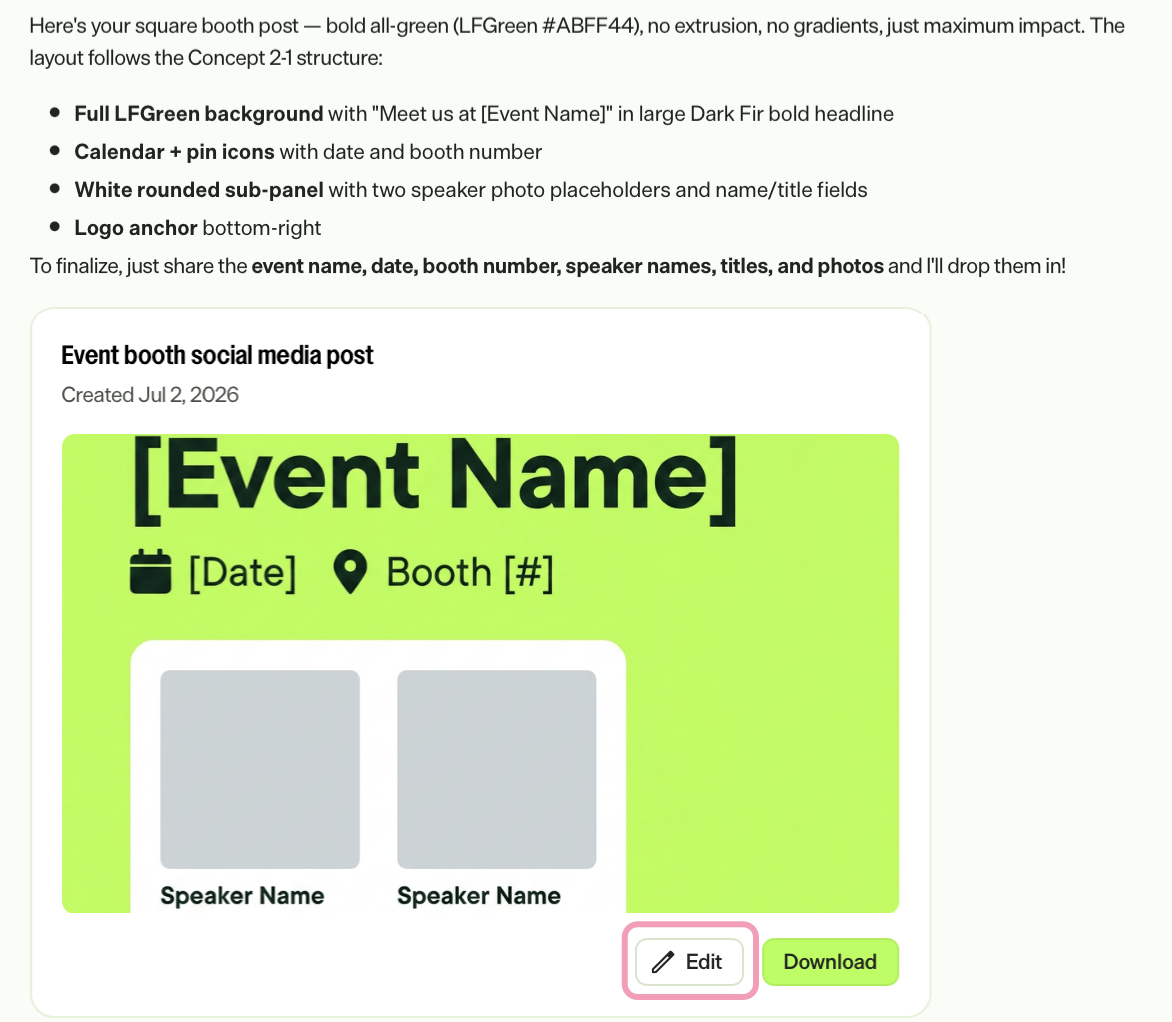 Screenshot of Opal Chat where Edit is highlighted on a generated image.