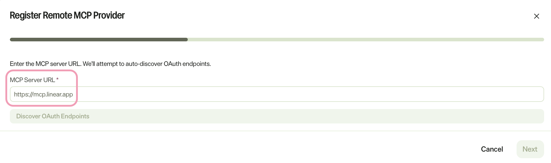 Screenshot of the Register Remote MCP Provider page with MCP Server URL highlighted.