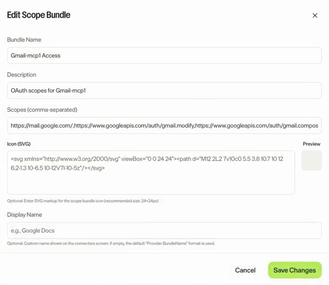 Screenshot of the Edit Scope Bundle page with Save Changes highlighted.