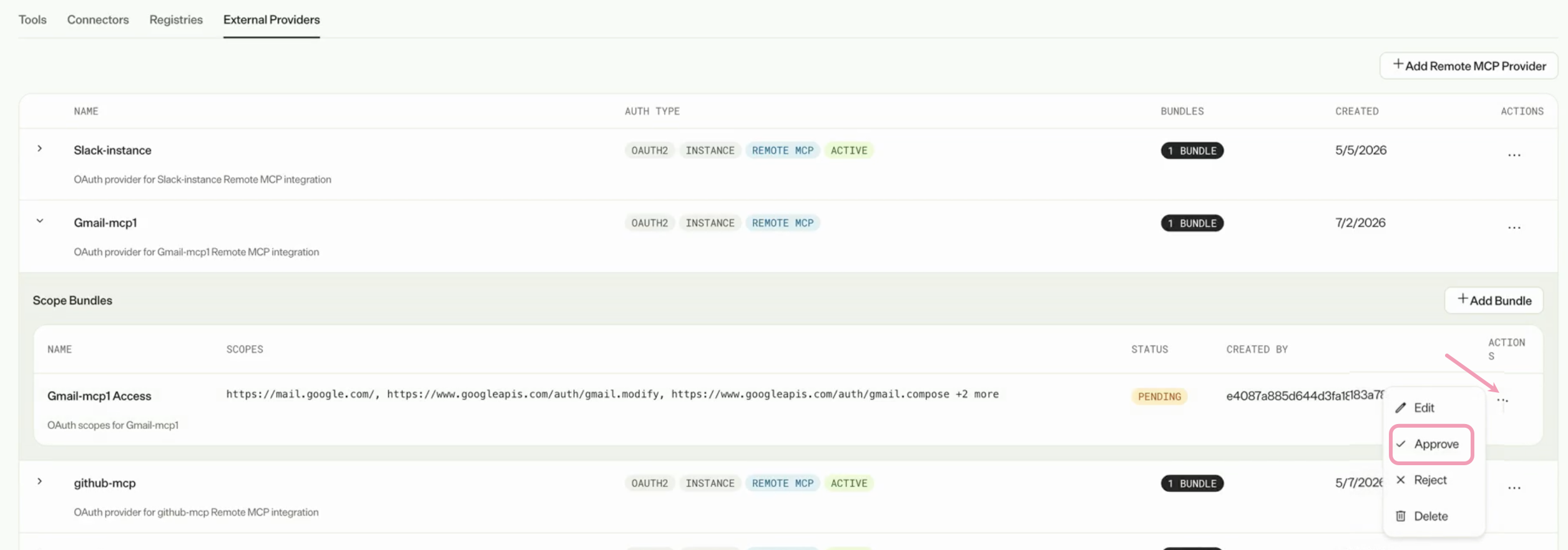 Screenshot of the added remote MCP server with More > Approve highlighted.