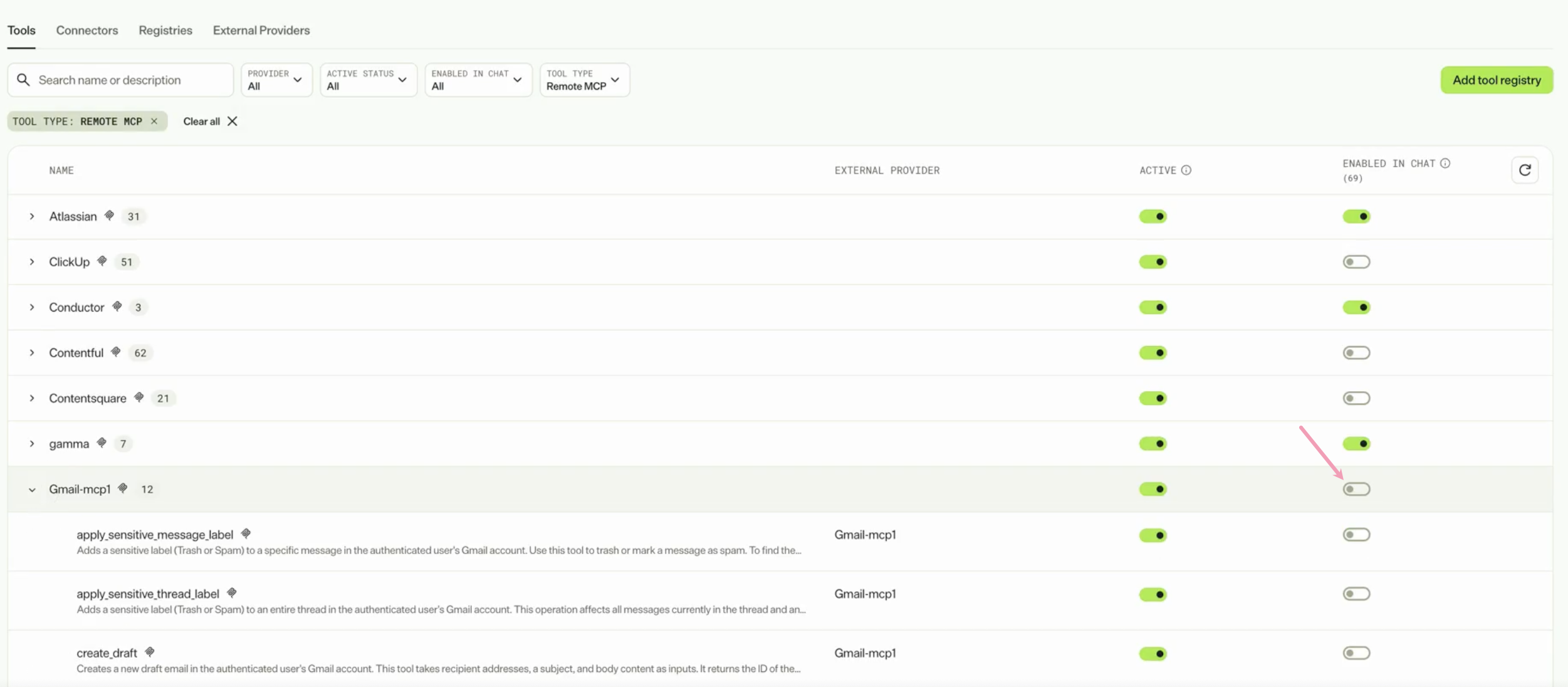 Screenshot of the Tools page where Enable for Chat is highlighted.