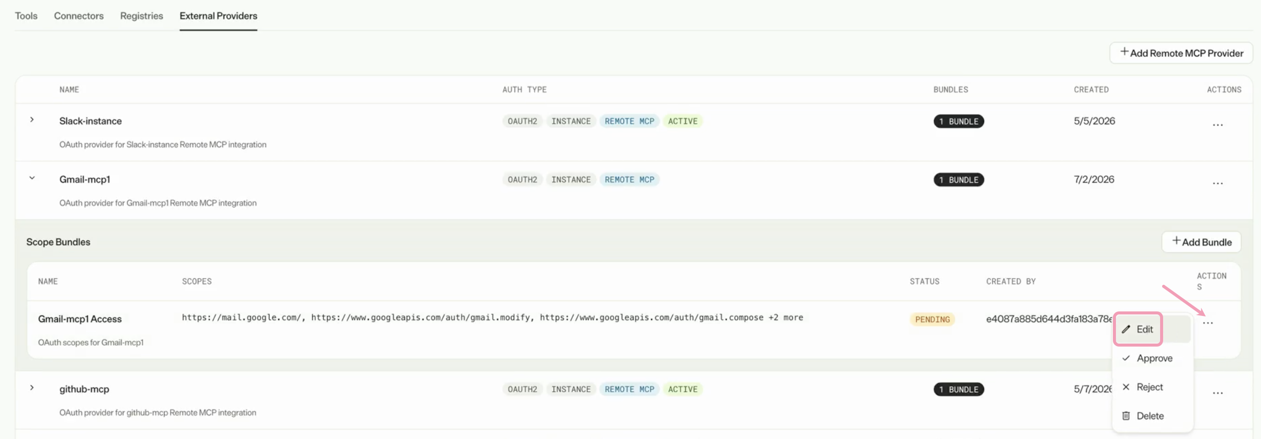 Screenshot of the added remote MCP server with the More > Edit option highlighted.