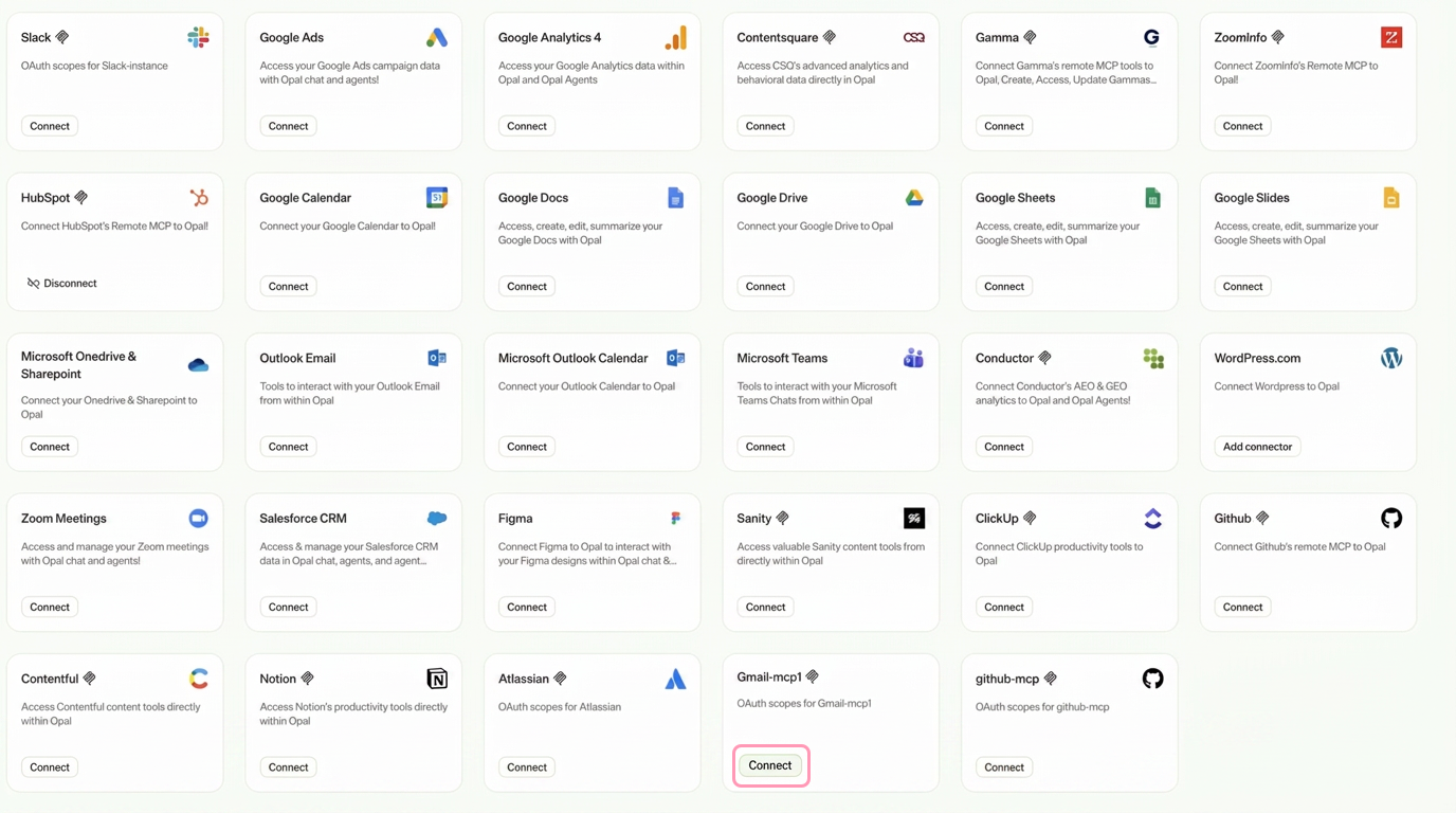 Screenshot of the Connectors tab where Connect is highlighted for the added remote MCP server.
