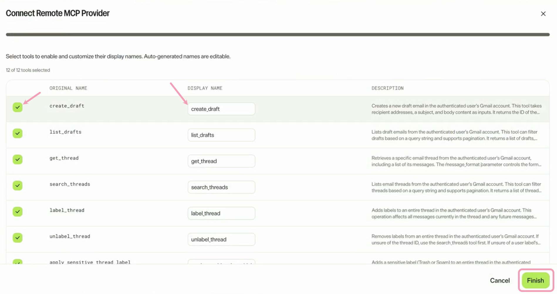Screenshot of the Connect Remote MCP Provider page with the selection and display name highlighted. Finish is also highlighted.