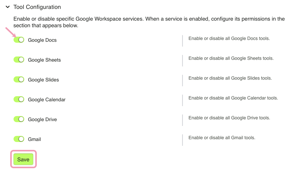 Screenshot of the Tool Configuration section in OCP where individual Google Workspace service toggles are visible