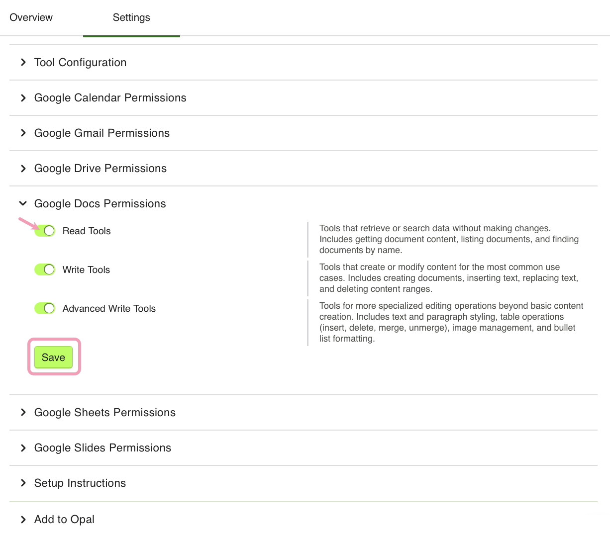 Screenshot of expanded permissions sections in OCP where individual tool toggles are visible for a Google Workspace service