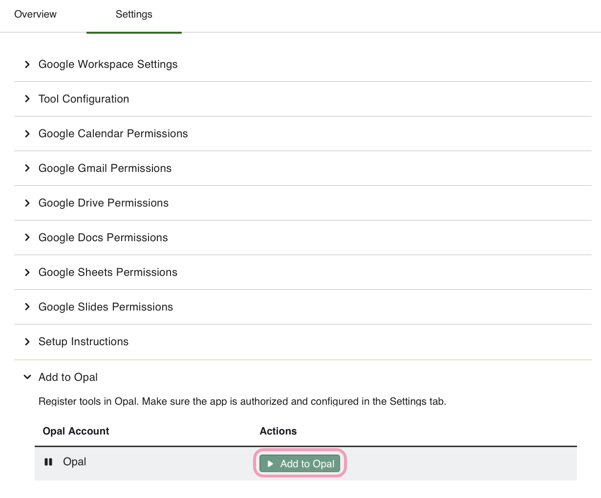 Screenshot of the Add to Opal section in OCP where the Add to Opal button is highlighted