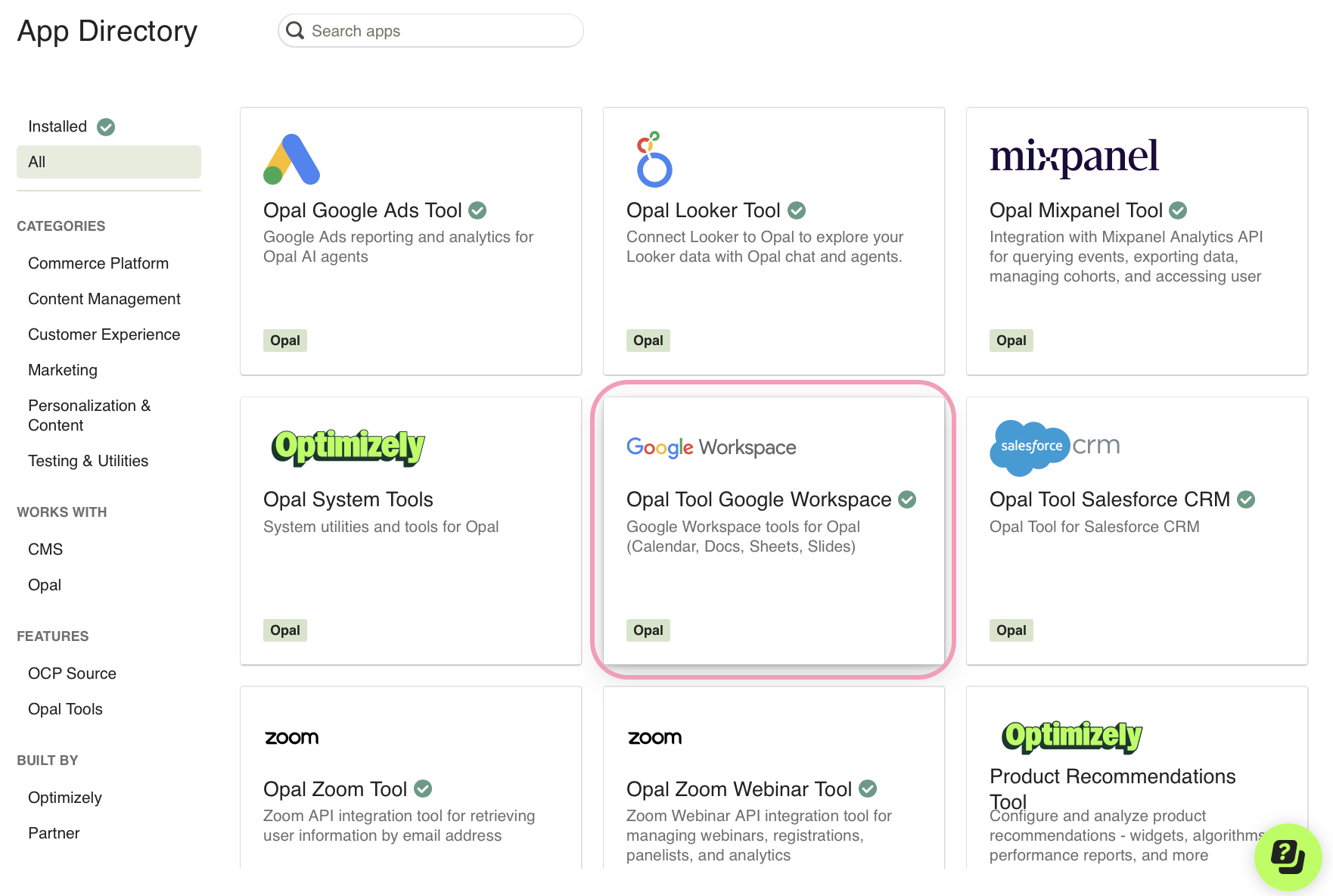 Screenshot of OCP App Directory where the Google Workspace Tool for Opal connector is highlighted