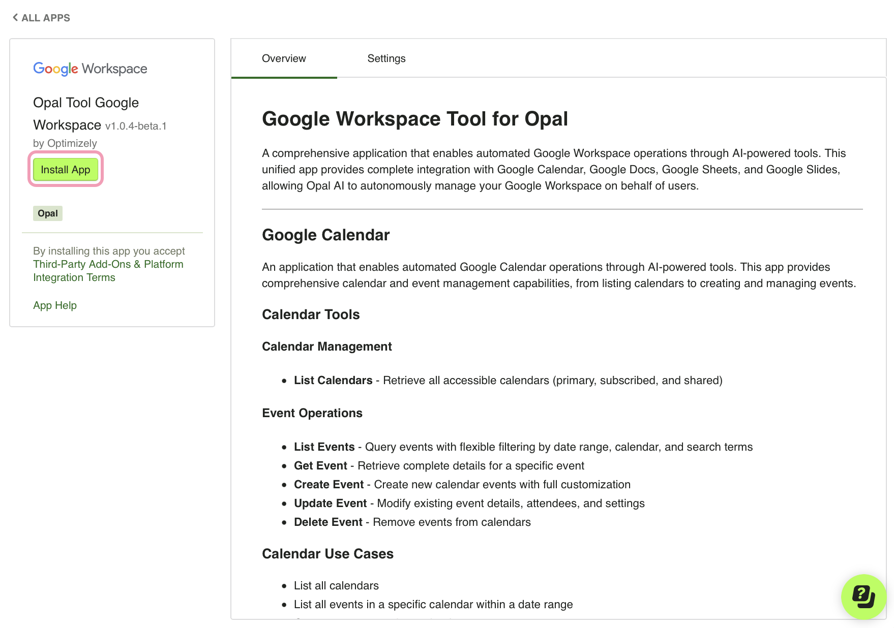 Screenshot of OCP App Directory where the Install App button is highlighted