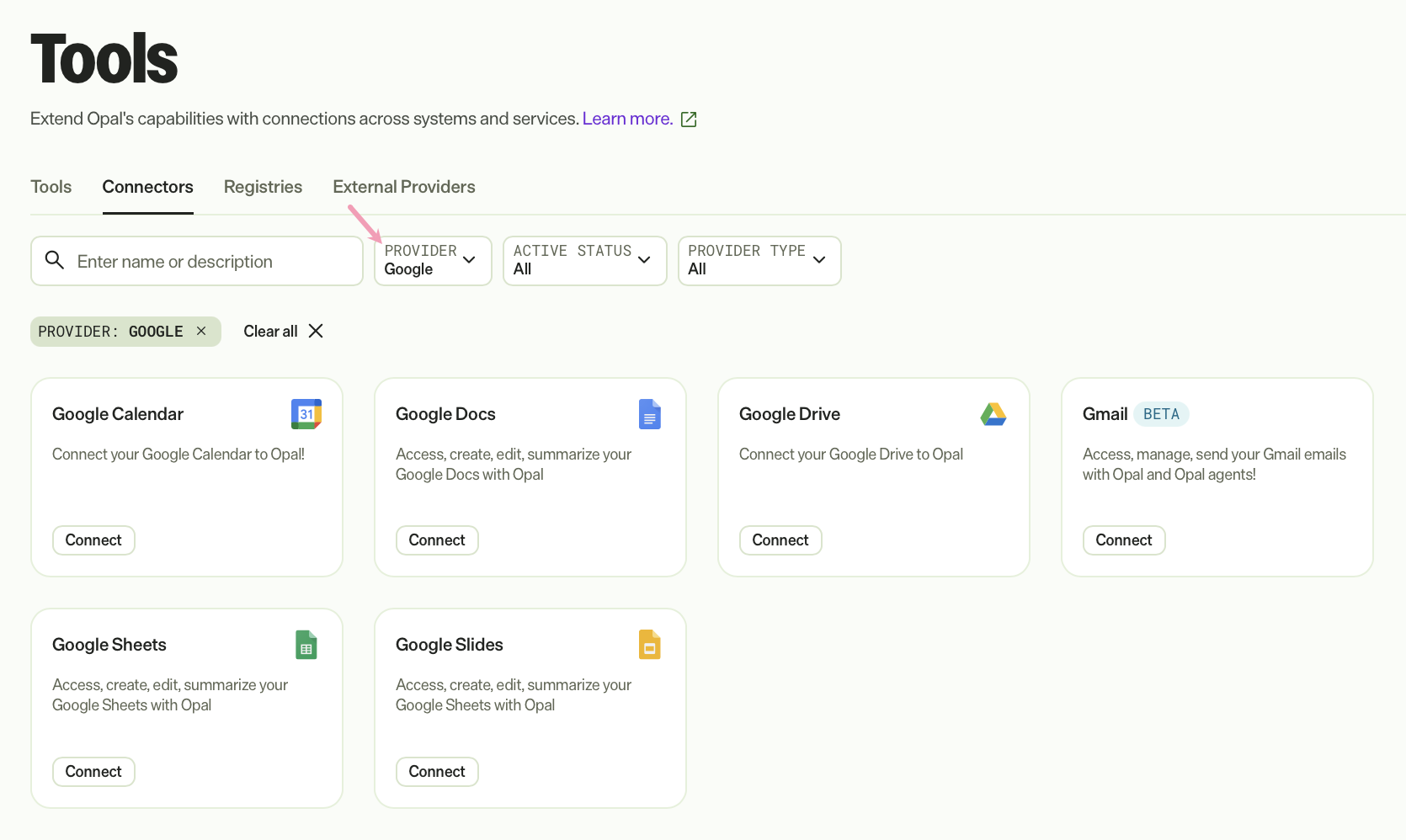 Screenshot of the Connectors tab in Opal displaying the google apps with the Provider drop-down list highlighted