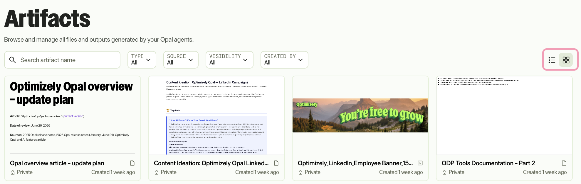 Screenshot of the Artifacts page with the list and grid view options highlighted.