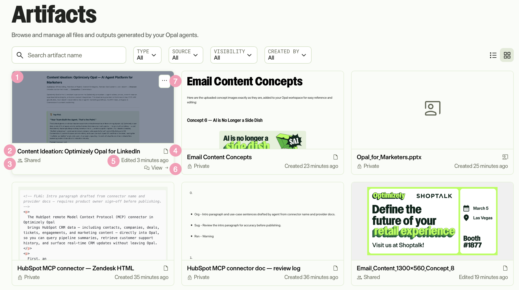 Screenshot of the Artifacts page in grid view with a single artifact highlighted.