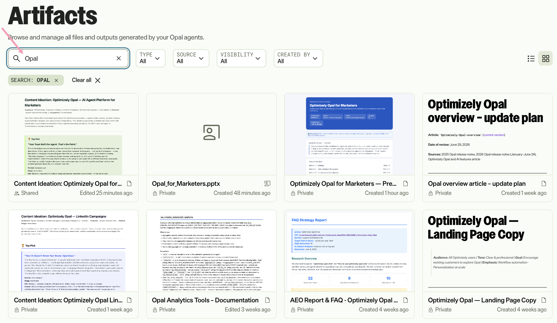 Screenshot of the Artifacts page search field where a user types to filter the results list by artifact file name.