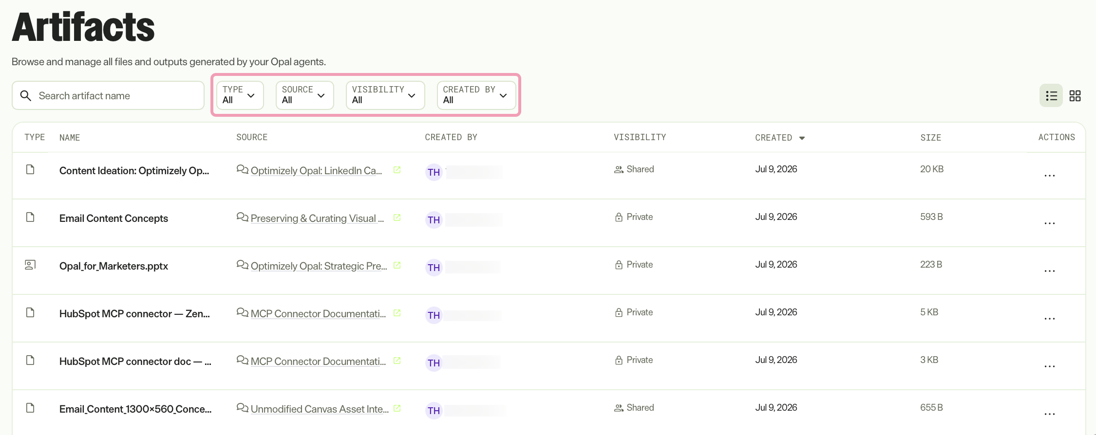 Screenshot of the Artifacts page with the filters highlighted.