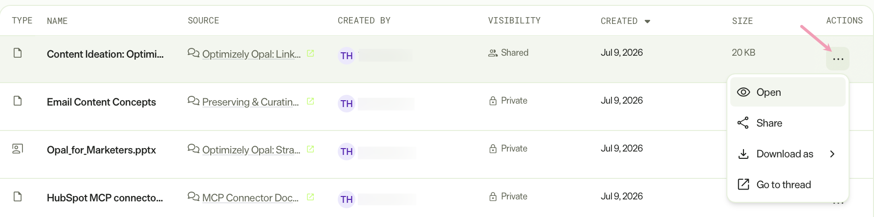 Screenshot of the Artifacts page with the more options menu open.
