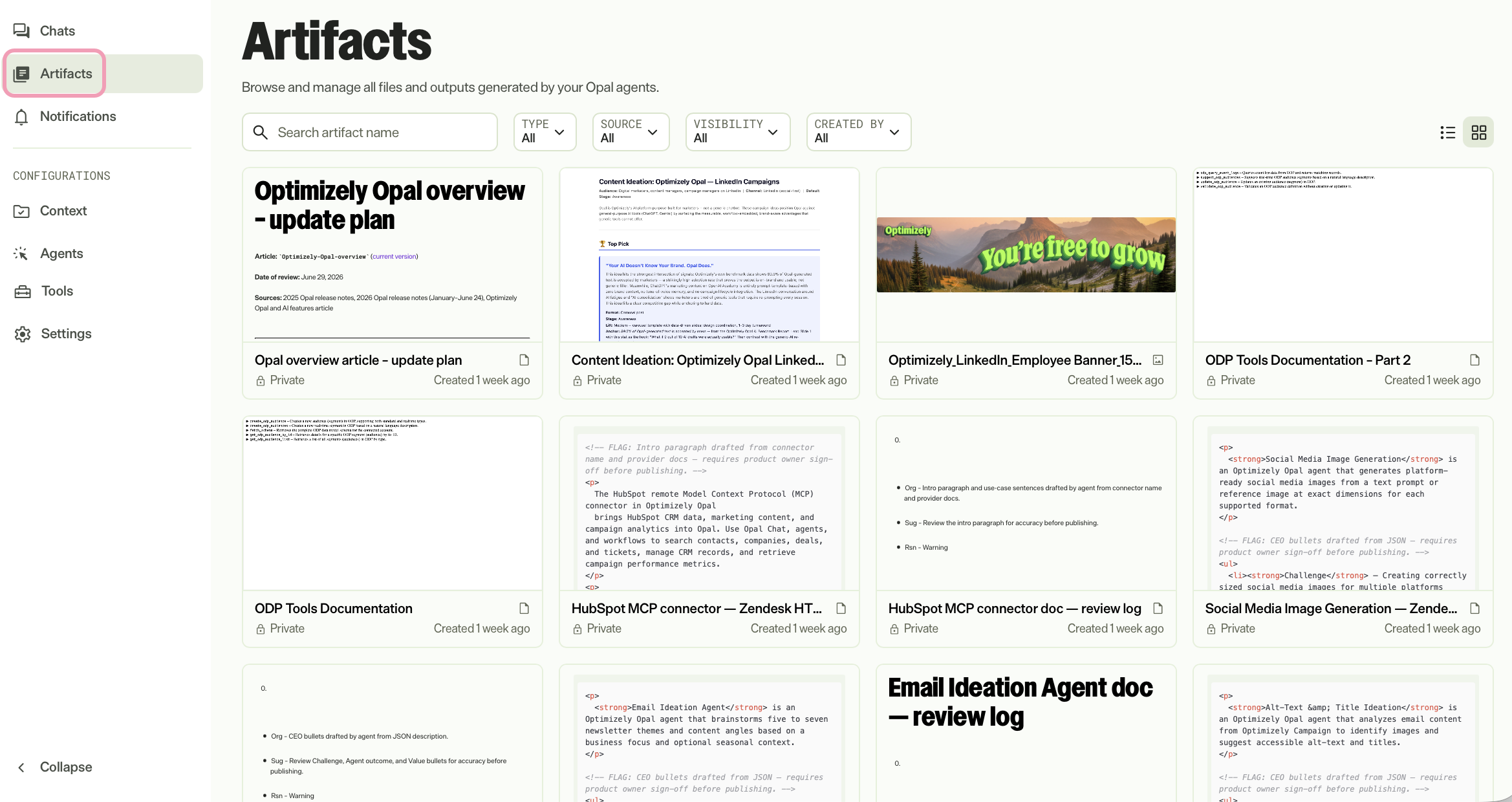 Screenshot of Opal with the Artifacts page highlighted in the navigation.